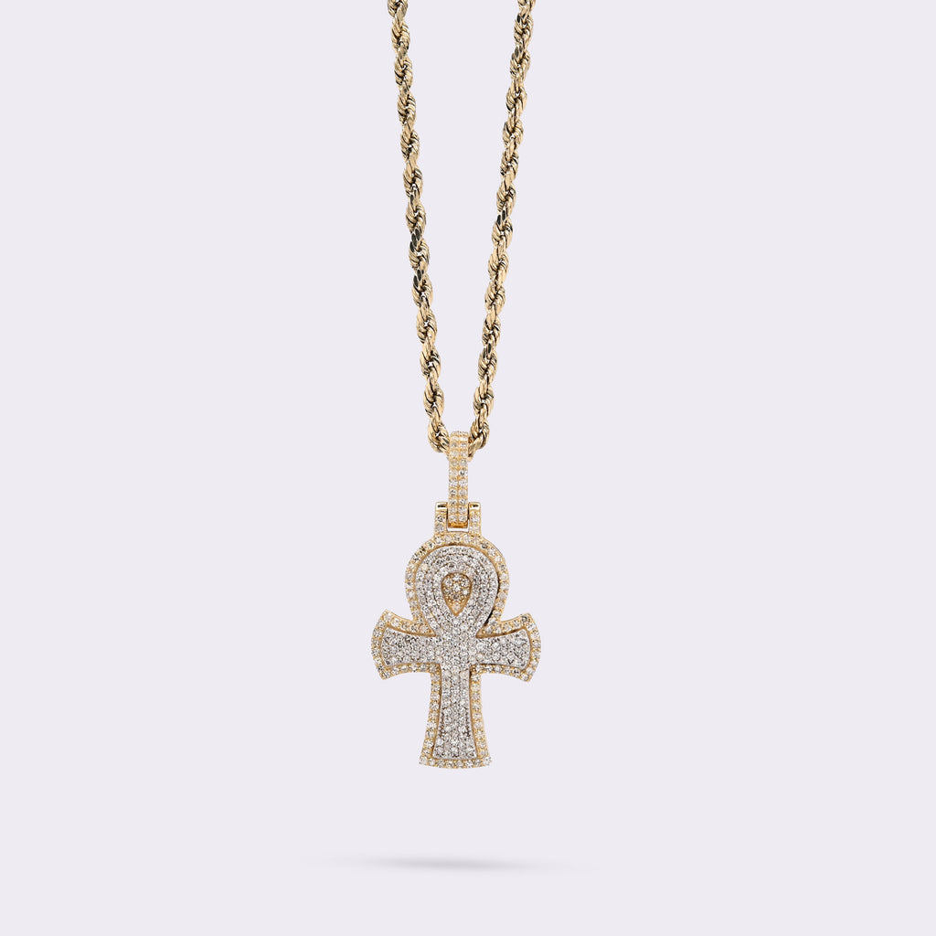 10K Yellow & White Gold 2 Tone 0.88CT Natural Diamond Egyptian Cross Pendant 1.4" Men Women Charm
