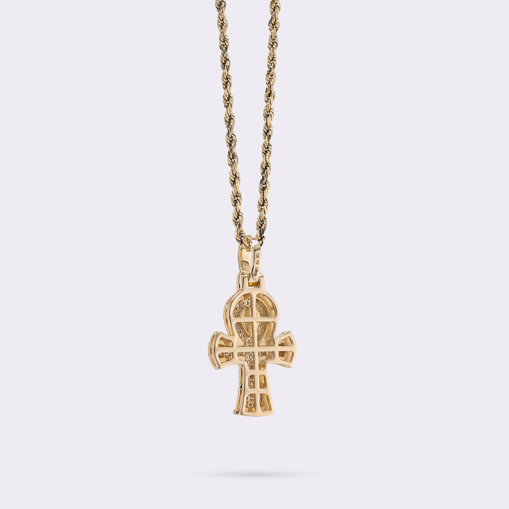 10K Yellow & White Gold 2 Tone 0.88CT Natural Diamond Egyptian Cross Pendant 1.4" Men Women Charm