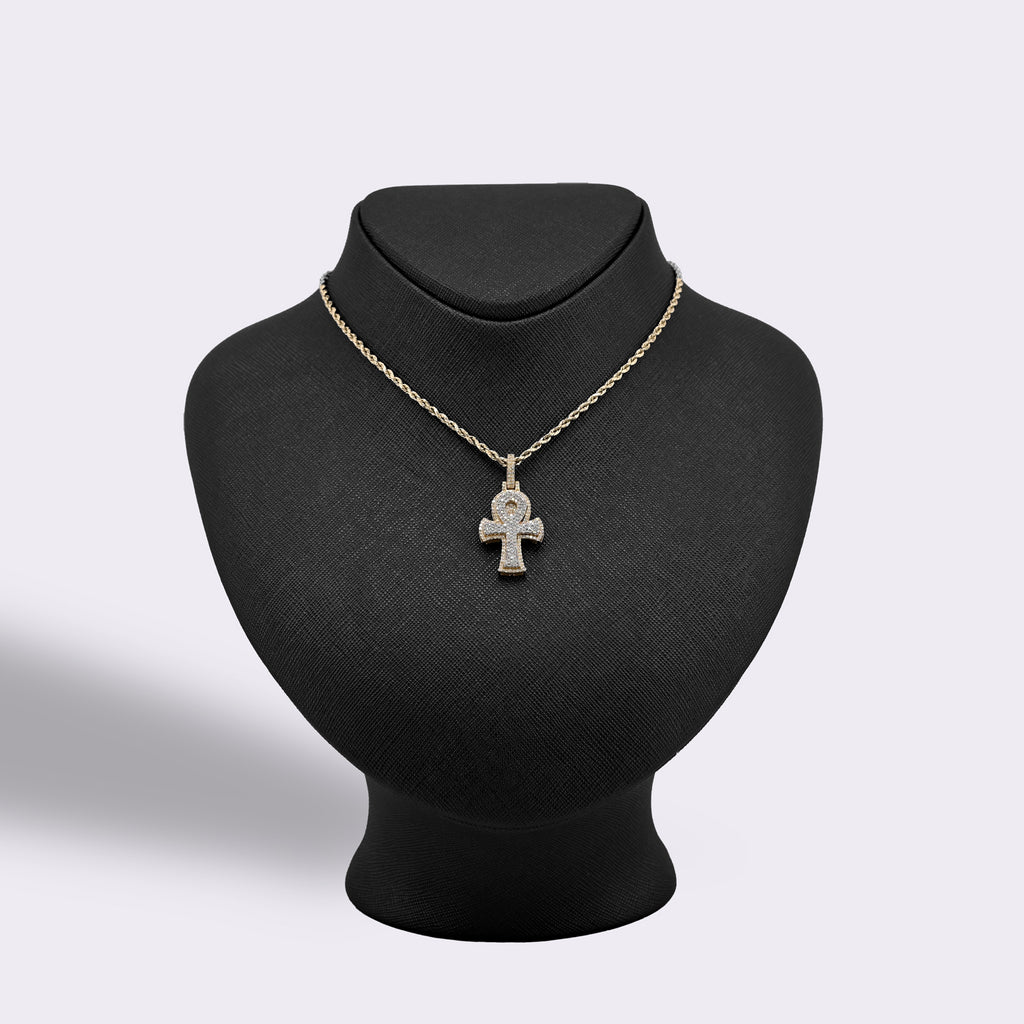 10K Yellow & White Gold 2 Tone 0.88CT Natural Diamond Egyptian Cross Pendant 1.4" Men Women Charm