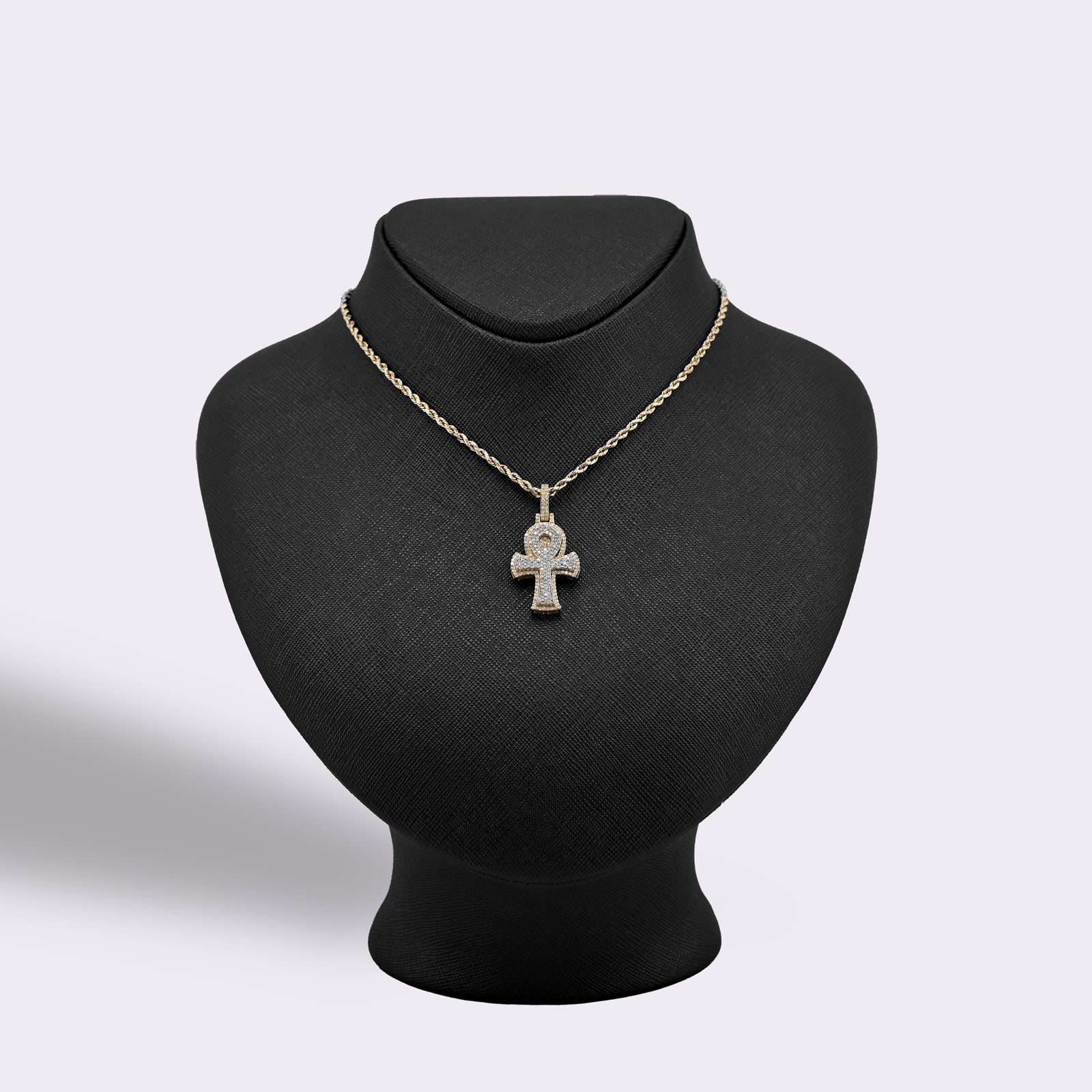 10K Yellow & White Gold 2 Tone 0.88CT Natural Diamond Egyptian Cross Pendant 1.4" Men Women Charm