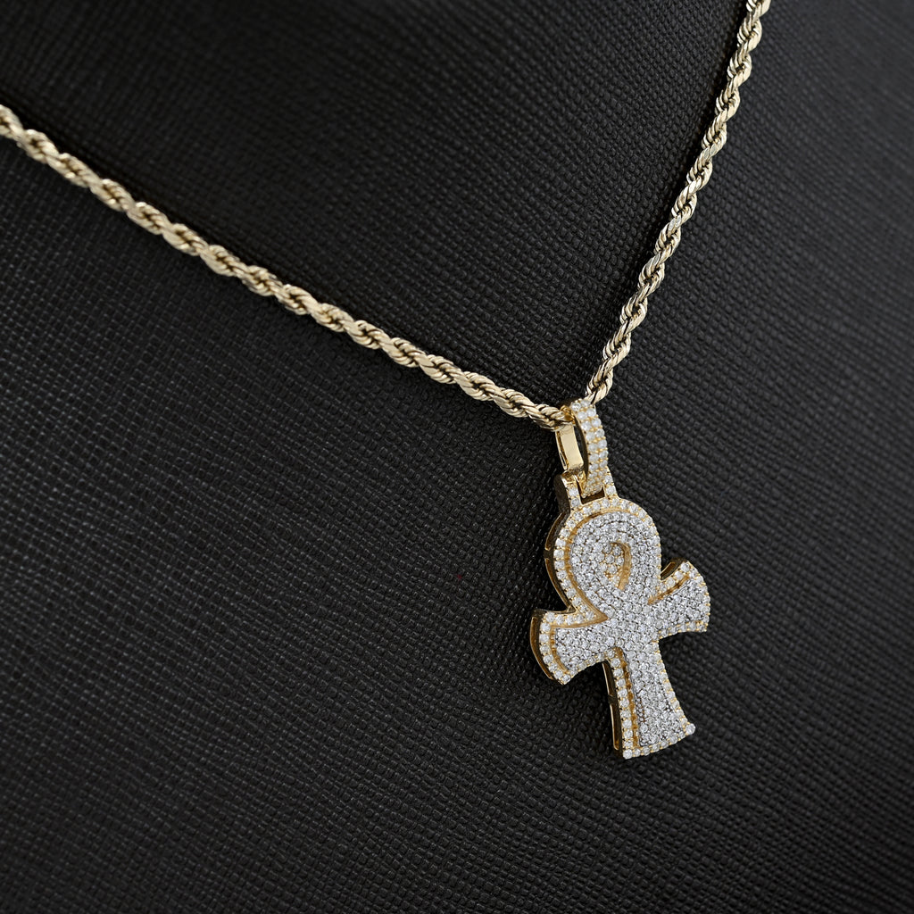 10K Yellow & White Gold 2 Tone 0.88CT Natural Diamond Egyptian Cross Pendant 1.4" Men Women Charm