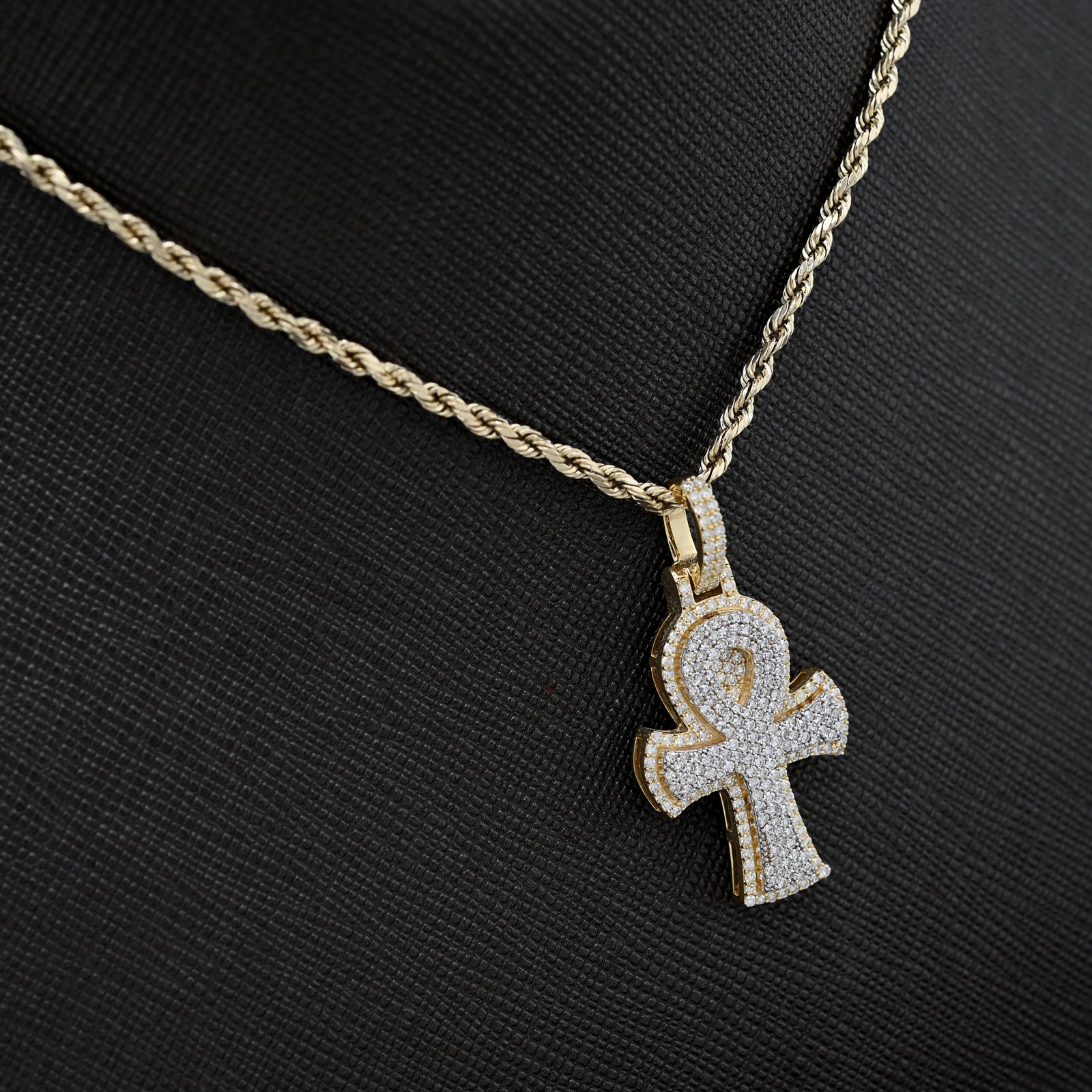 10K Yellow & White Gold 2 Tone 0.88CT Natural Diamond Egyptian Cross Pendant 1.4" Men Women Charm