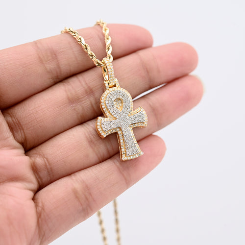 10K Yellow & White Gold 2 Tone 0.88CT Natural Diamond Egyptian Cross Pendant 1.4" Men Women Charm