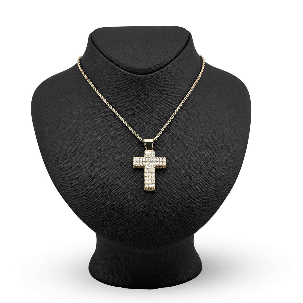 10K Yellow Gold 3.5 CT Natural Diamond Emeralds Religious Cross Pendant Men 12.3 g Charm 43.4 MM