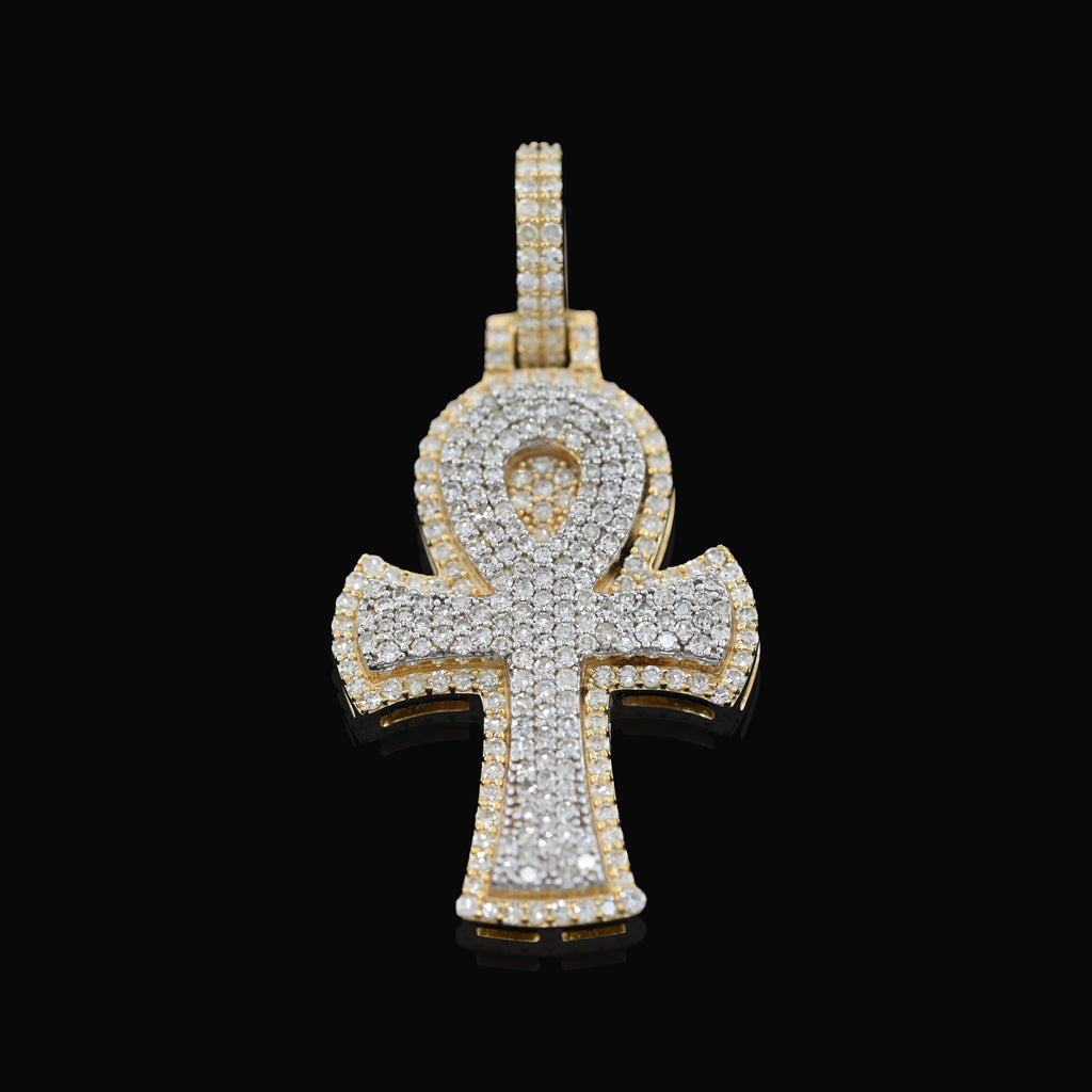 10K Yellow & White Gold 2 Tone 0.88CT Natural Diamond Egyptian Cross Pendant 1.4" Men Women Charm