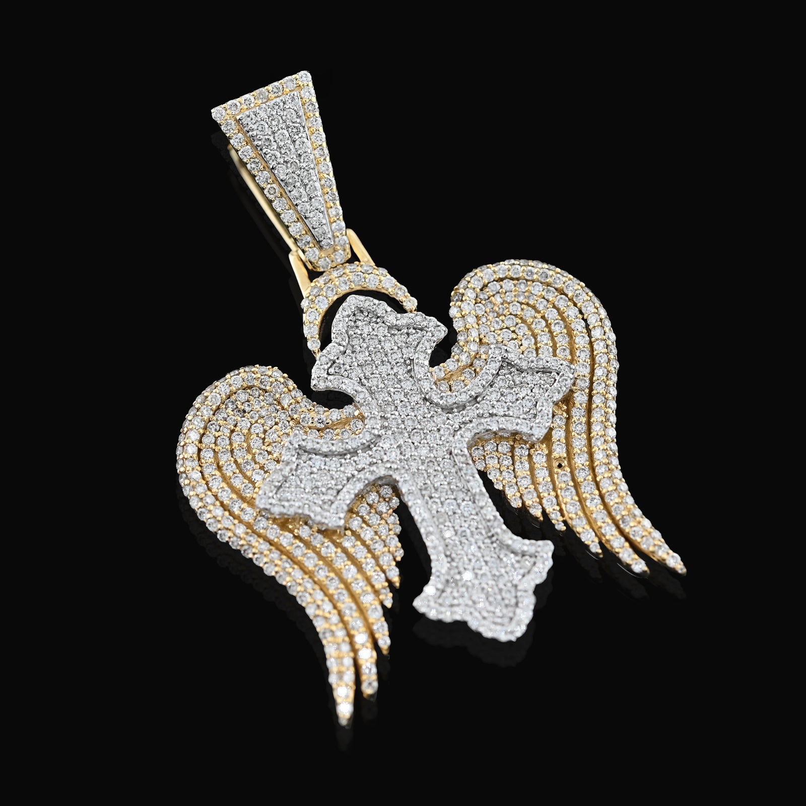 10K Yellow & WHite Gold 2 Tone 4.3CT Natural Diamond 3D angelic wing Cross 2.25" Men Women Charm