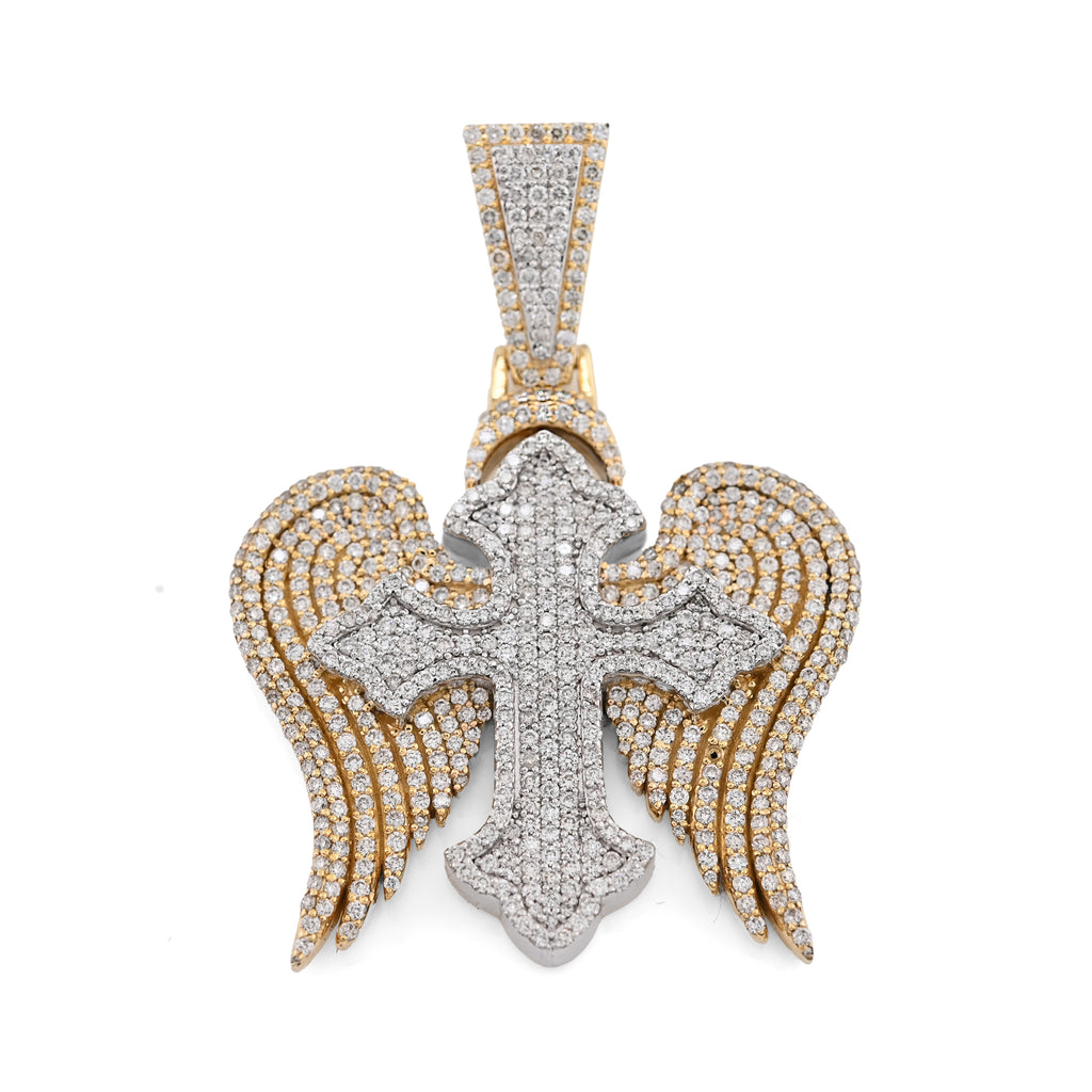 10K Yellow & WHite Gold 2 Tone 4.3CT Natural Diamond 3D angelic wing Cross 2.25" Men Women Charm