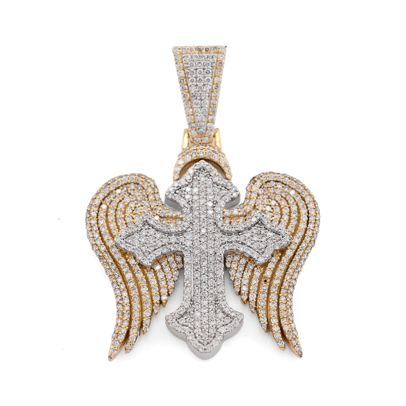 10K Yellow & WHite Gold 2 Tone 4.3CT Natural Diamond 3D angelic wing Cross 2.25" Men Women Charm