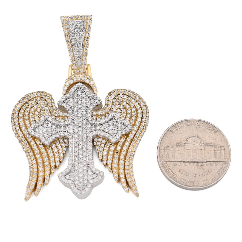 10K Yellow & WHite Gold 2 Tone 4.3CT Natural Diamond 3D angelic wing Cross 2.25" Men Women Charm