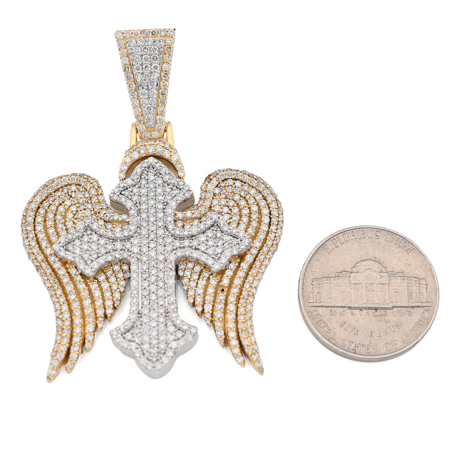 10K Yellow & WHite Gold 2 Tone 4.3CT Natural Diamond 3D angelic wing Cross 2.25" Men Women Charm