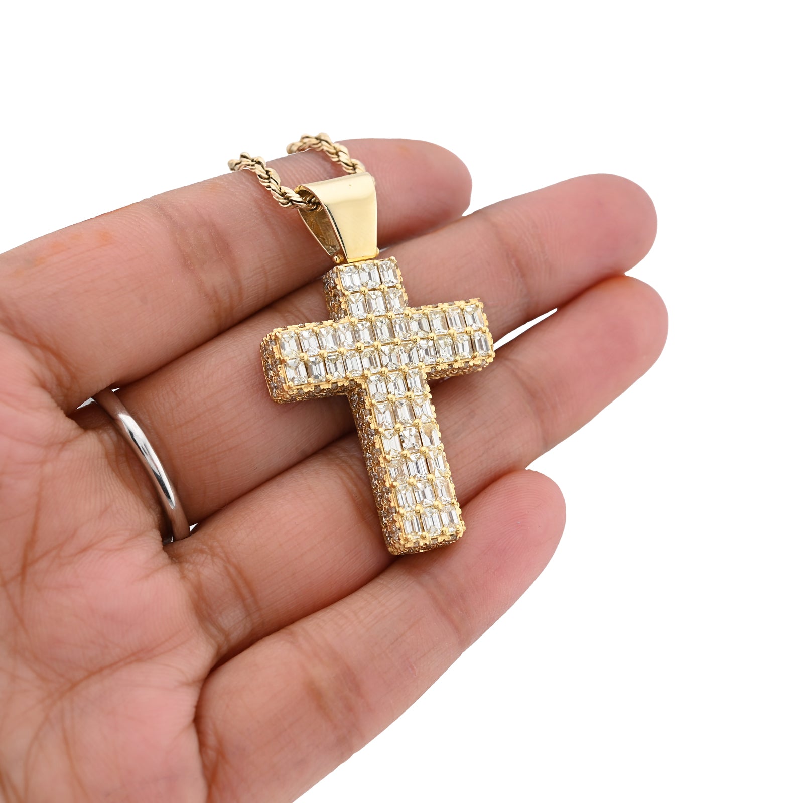 10K Yellow Gold 3.5 CT Natural Diamond Emeralds Religious Cross Pendant Men 12.3 g Charm 43.4 MM