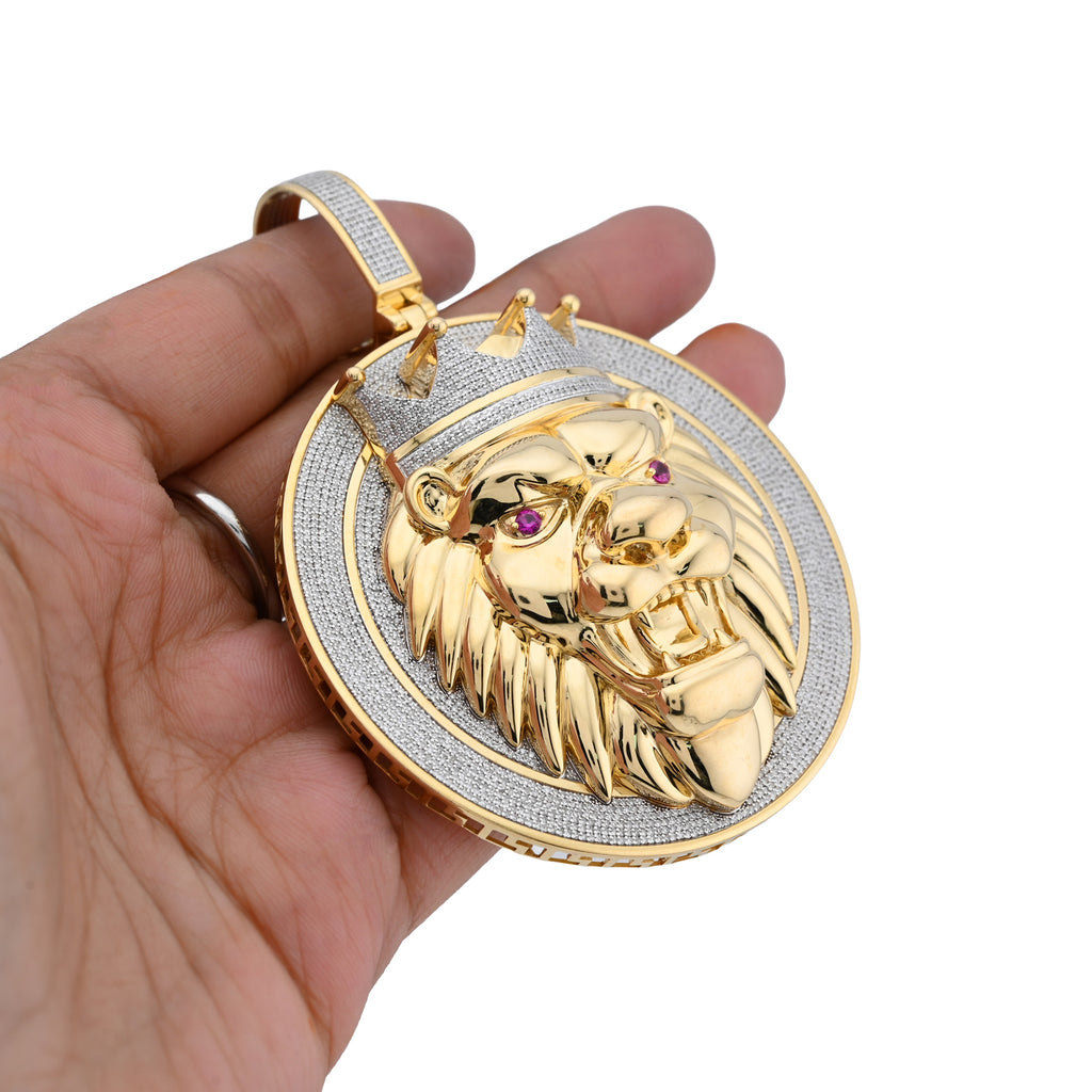 10K Yellow Gold 3 CT Natural Diamond Lion Face Crown Round Shape 89.2 MM Pendant Men Charm 43.6 g