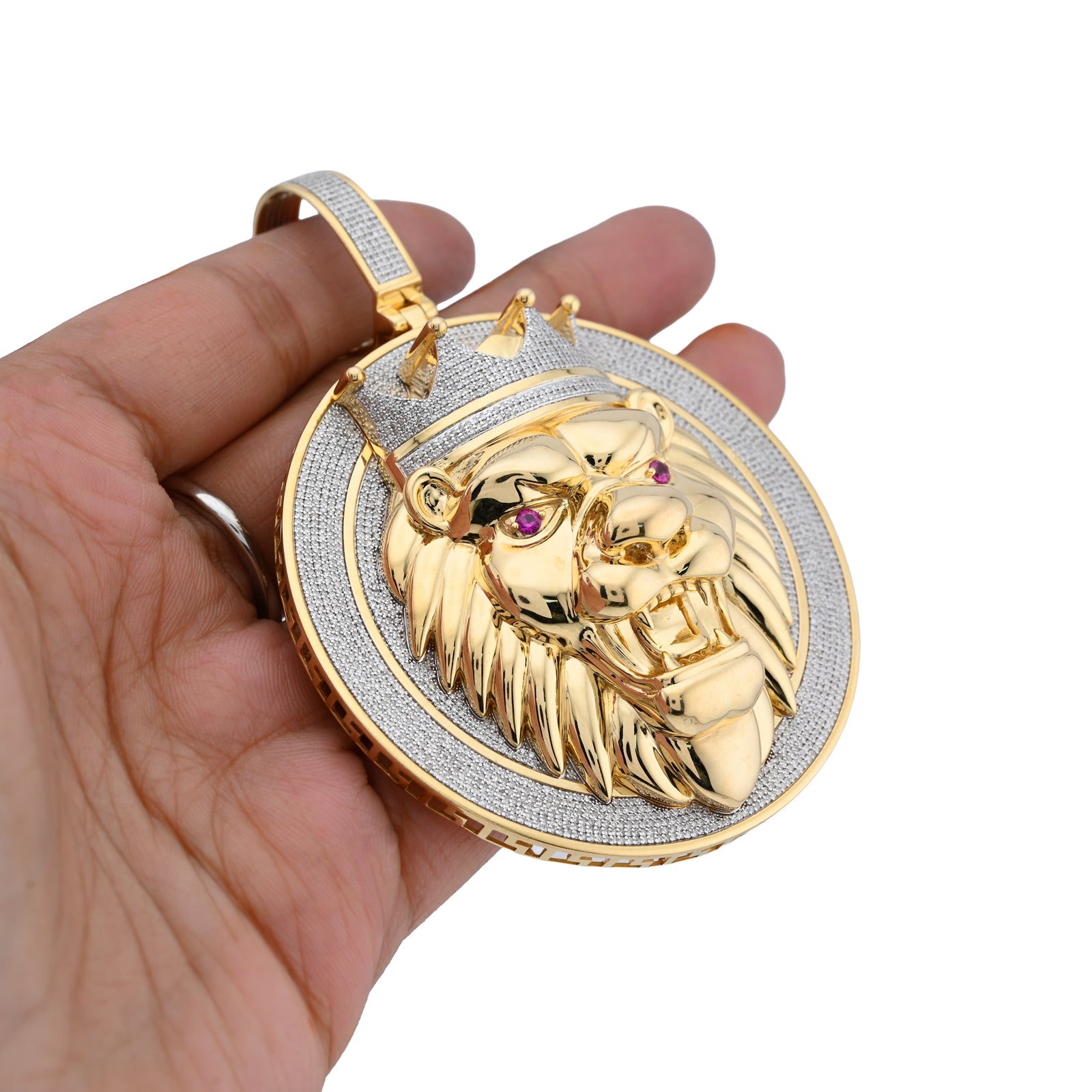 10K Yellow Gold 3 CT Natural Diamond Lion Face Crown Round Shape 89.2 MM Pendant Men Charm 43.6 g