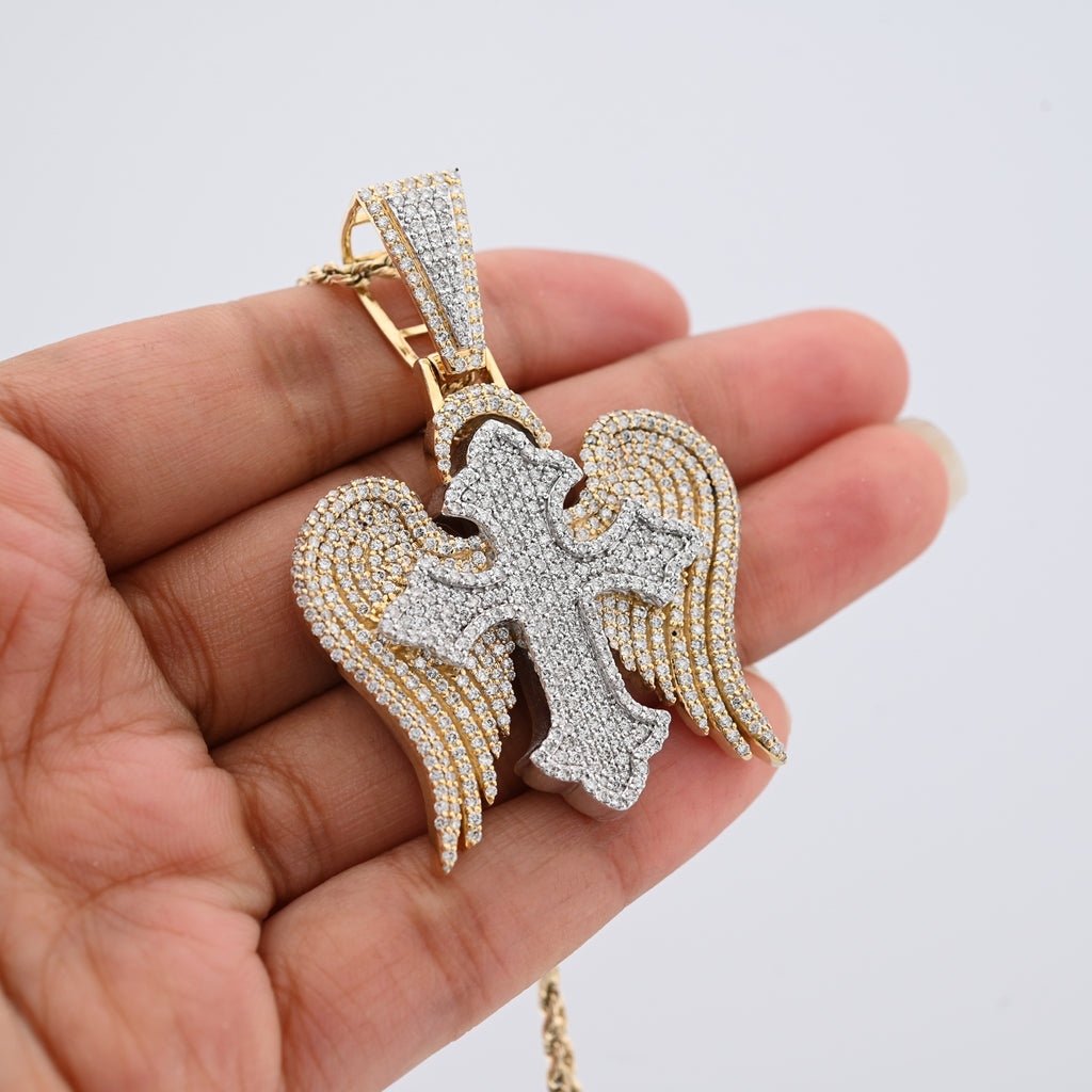 10K Yellow & WHite Gold 2 Tone 4.3CT Natural Diamond 3D angelic wing Cross 2.25" Men Women Charm