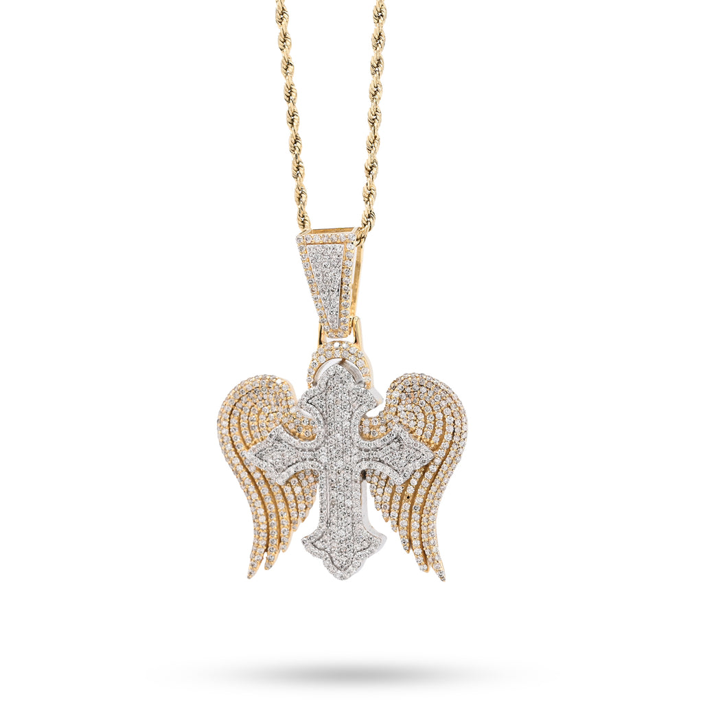 10K Yellow & WHite Gold 2 Tone 4.3CT Natural Diamond 3D angelic wing Cross 2.25" Men Women Charm