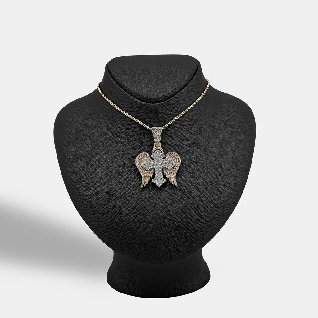 10K Yellow & WHite Gold 2 Tone 4.3CT Natural Diamond 3D angelic wing Cross 2.25" Men Women Charm