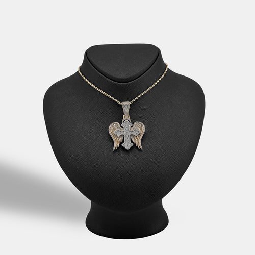 10K Yellow & WHite Gold 2 Tone 4.3CT Natural Diamond 3D angelic wing Cross 2.25" Men Women Charm