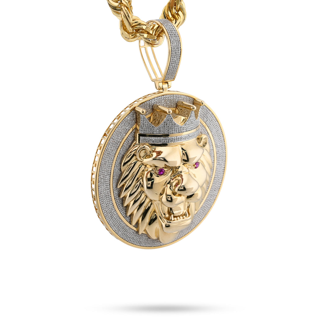 10K Yellow Gold 3 CT Natural Diamond Lion Face Crown Round Shape 89.2 MM Pendant Men Charm 43.6 g