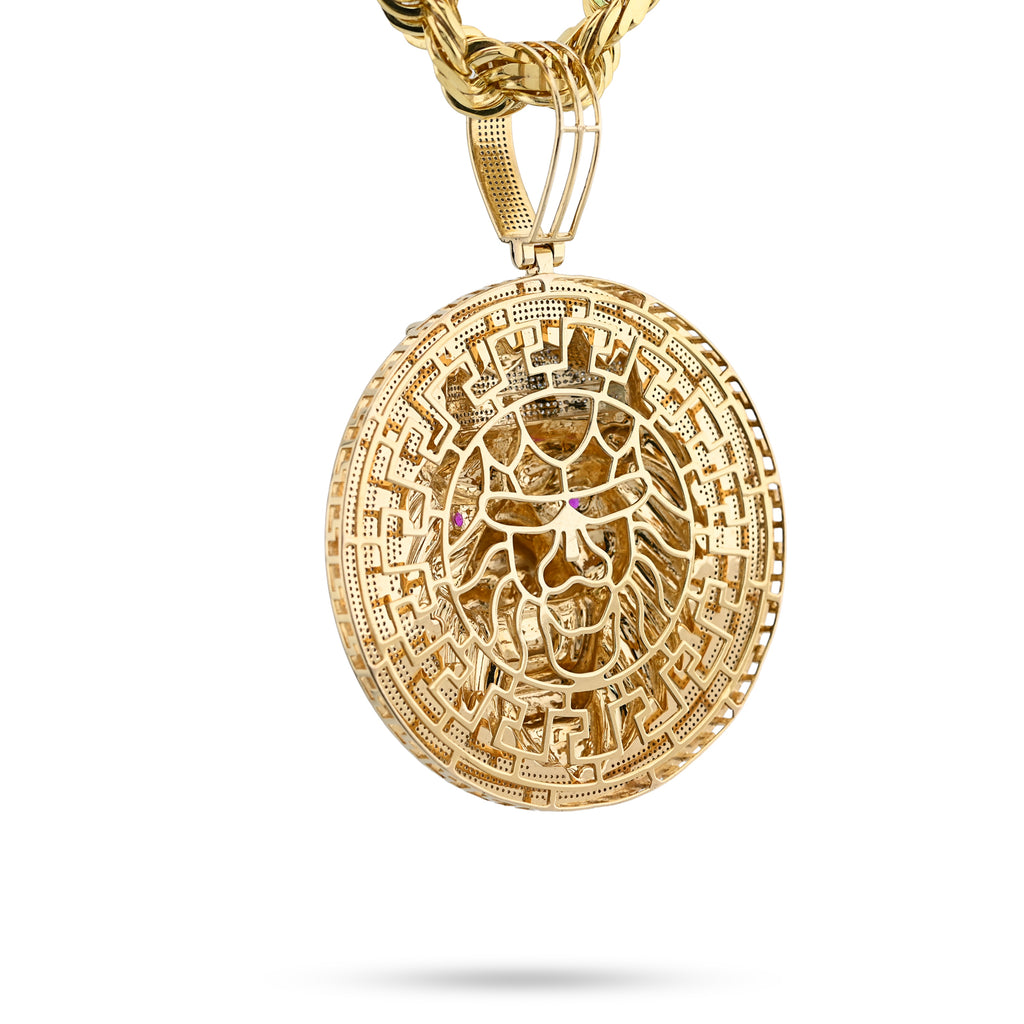 10K Yellow Gold 3 CT Natural Diamond Lion Face Crown Round Shape 89.2 MM Pendant Men Charm 43.6 g