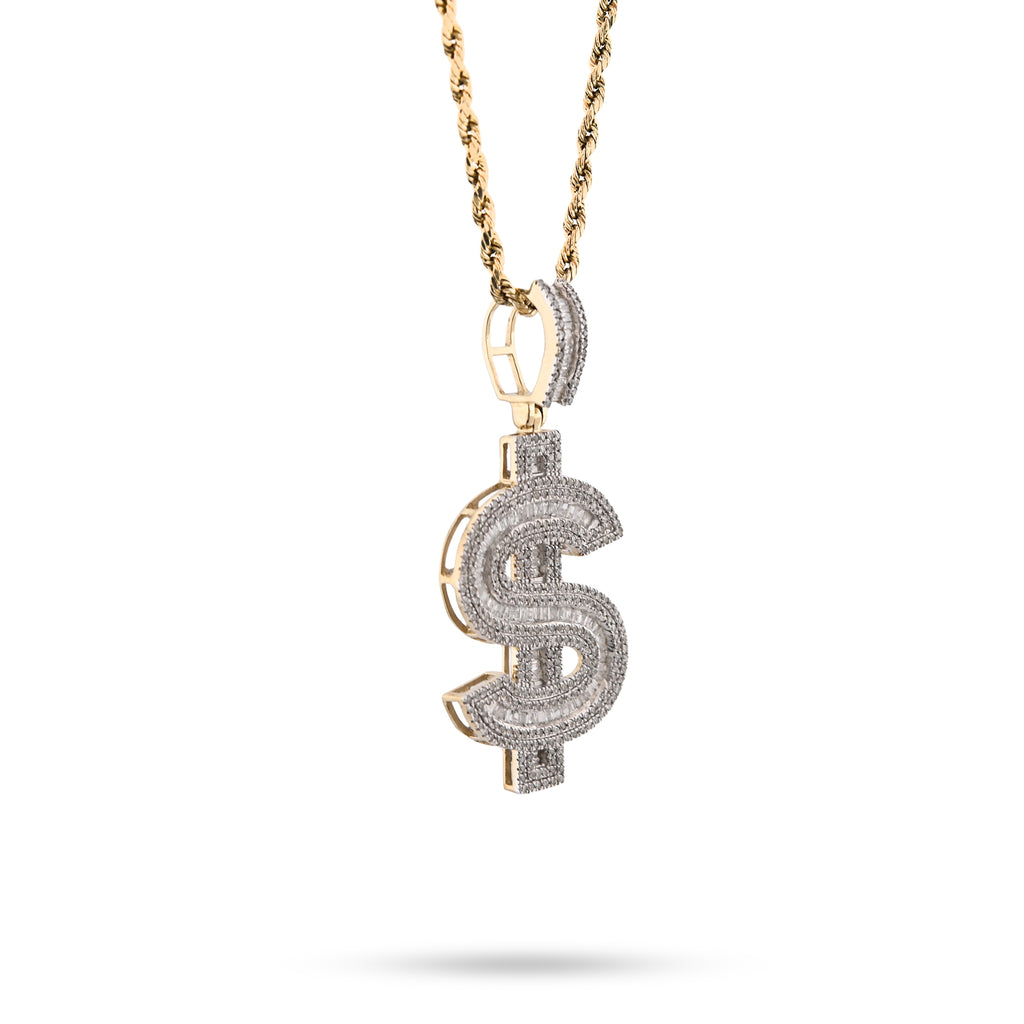 10K Yellow Gold 1.40 CT Natural Diamond "$" Sign Charm Men 48.5 MM Pendant 7 g