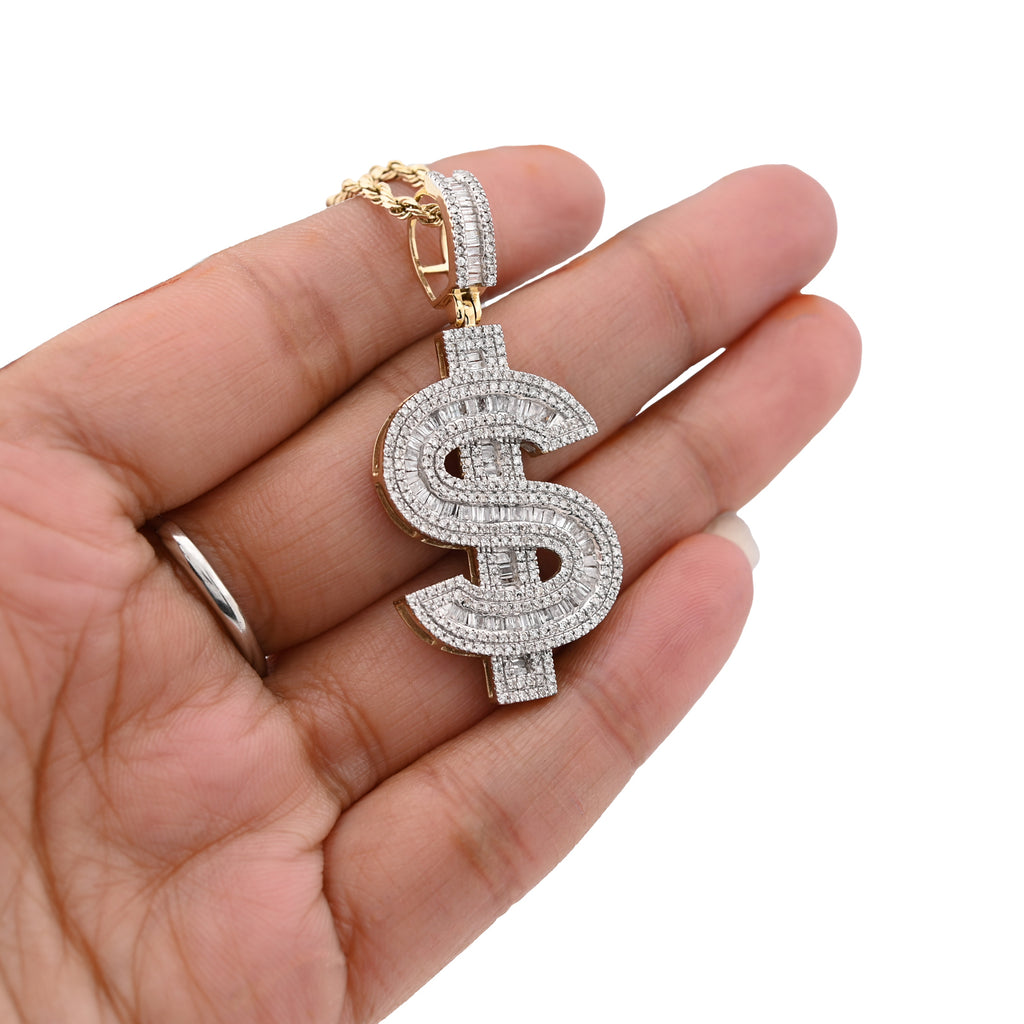 10K Yellow Gold 1.40 CT Natural Diamond "$" Sign Charm Men 48.5 MM Pendant 7 g
