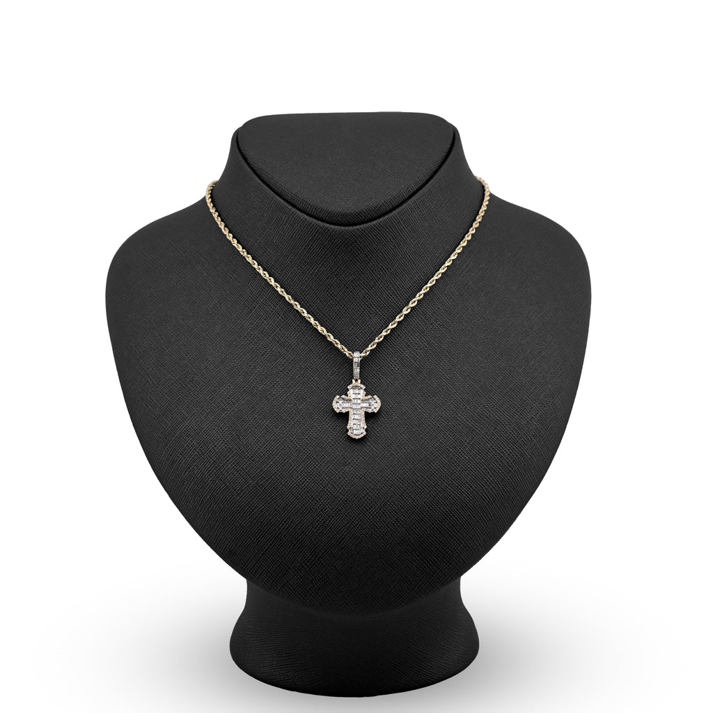 10K Yellow Gold Round & baguettes 0.43 CT Natural Diamond Cross Charm 33.3 MM