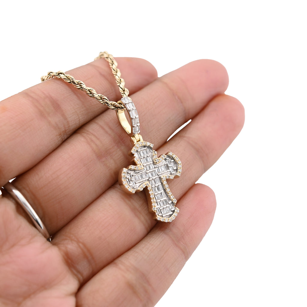 10K Yellow Gold Round & baguettes 0.43 CT Natural Diamond Cross Charm 33.3 MM