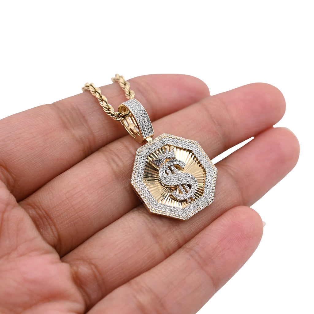 10K Yellow Gold 0.42 CT Natural Diamond "$" Dollar Charm Men Pendant