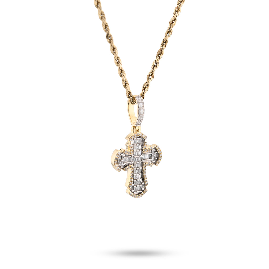 10K Yellow Gold Round & baguettes 0.43 CT Natural Diamond Cross Charm 33.3 MM