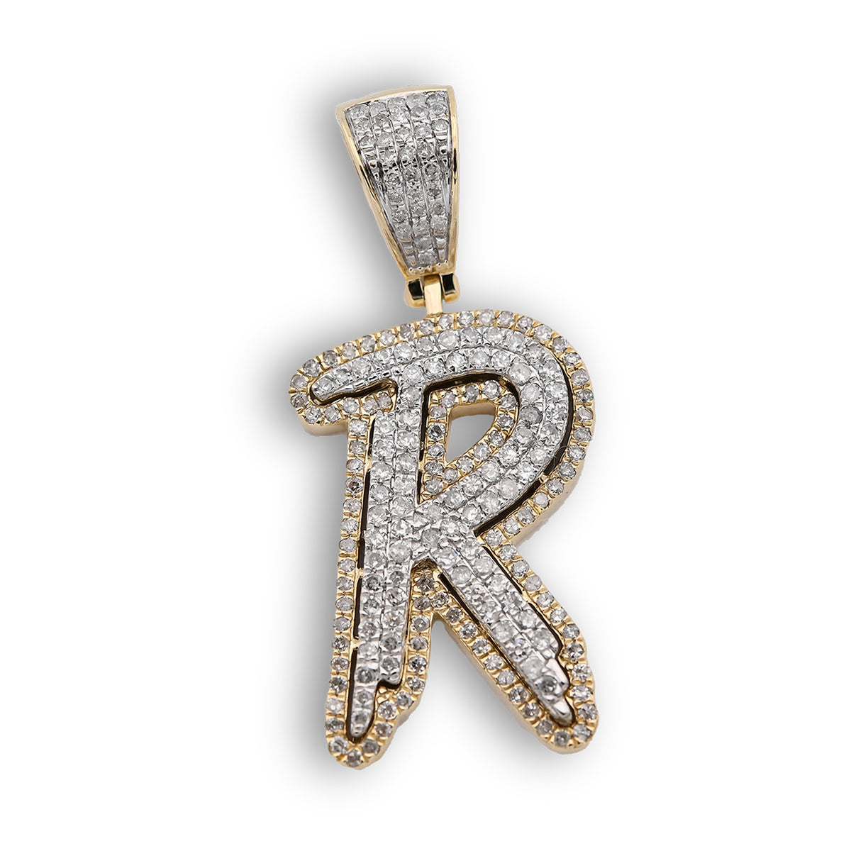 10K Yellow and White Gold 1CT Natural Diamond "R" Initial Alphabet Pendant