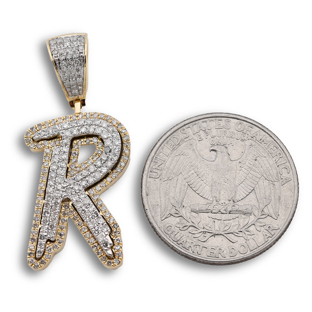 10K Yellow and White Gold 1CT Natural Diamond "R" Initial Alphabet Pendant