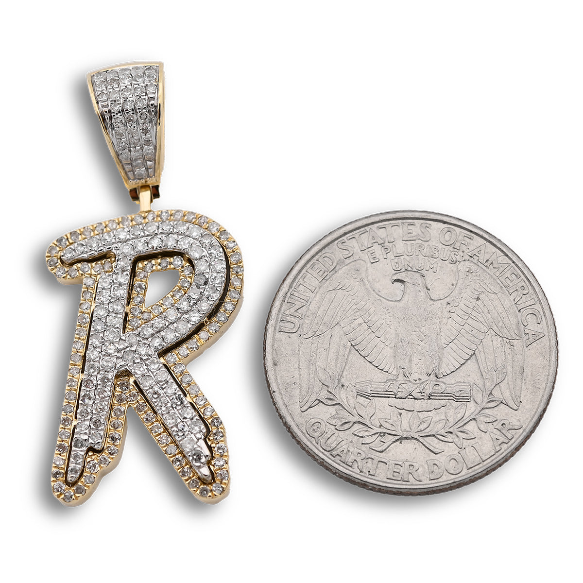 10K Yellow and White Gold 1CT Natural Diamond "R" Initial Alphabet Pendant