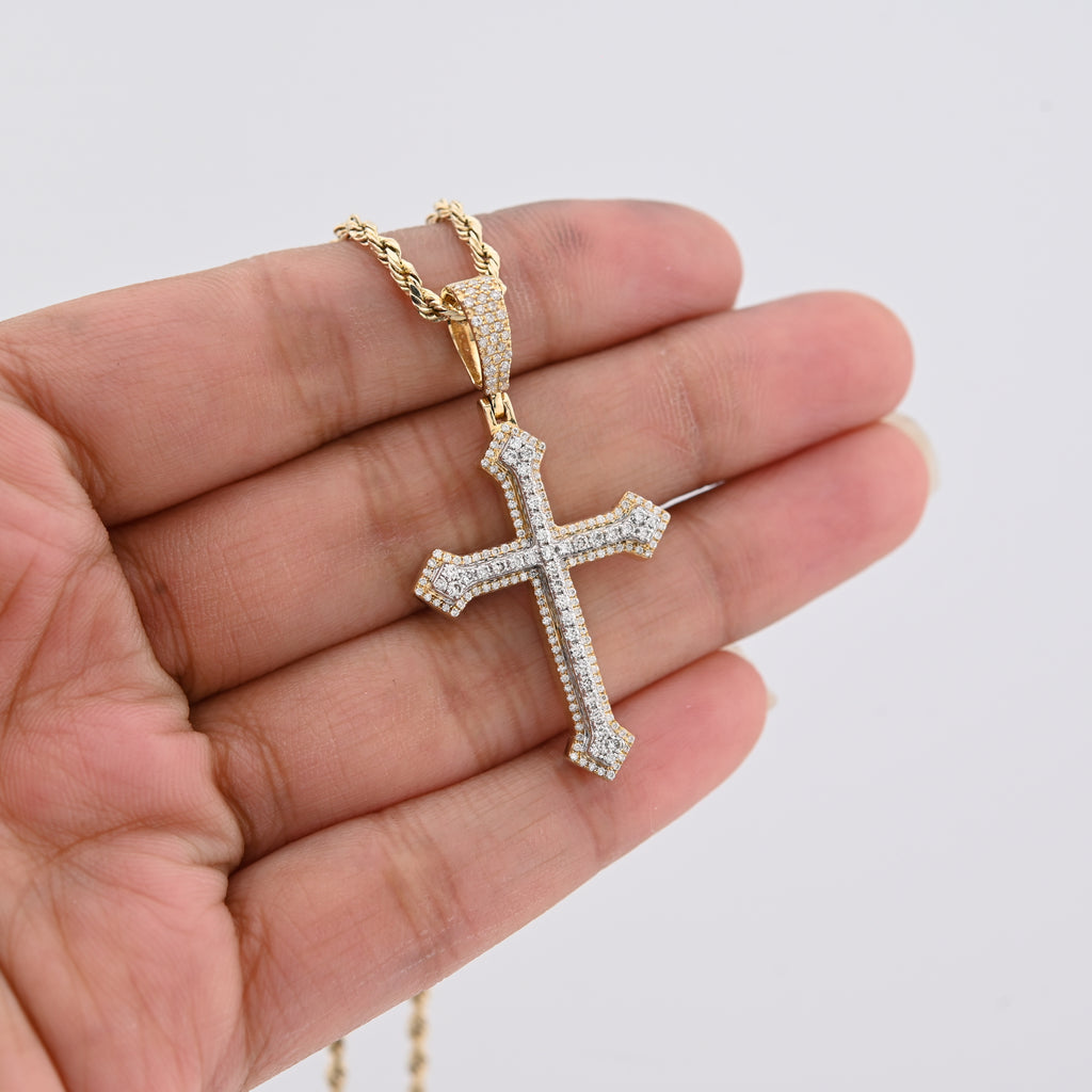 10K Yellow & White Gold 0.69 CT Natural Diamond Religious Cross Pendant 5.7g Men Women Charm