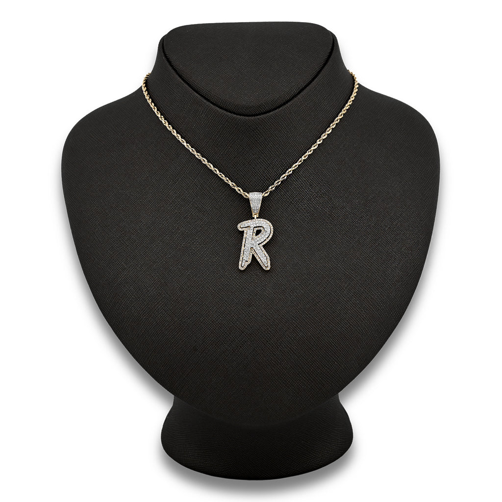 10K Yellow and White Gold 1CT Natural Diamond "R" Initial Alphabet Pendant