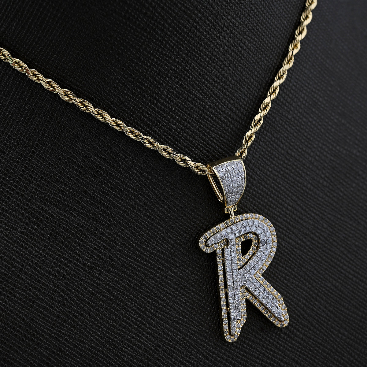 10K Yellow and White Gold 1CT Natural Diamond "R" Initial Alphabet Pendant