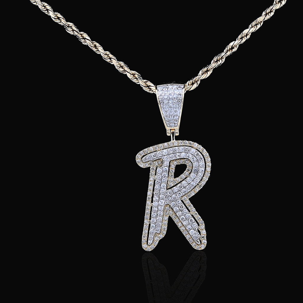 10K Yellow and White Gold 1CT Natural Diamond "R" Initial Alphabet Pendant