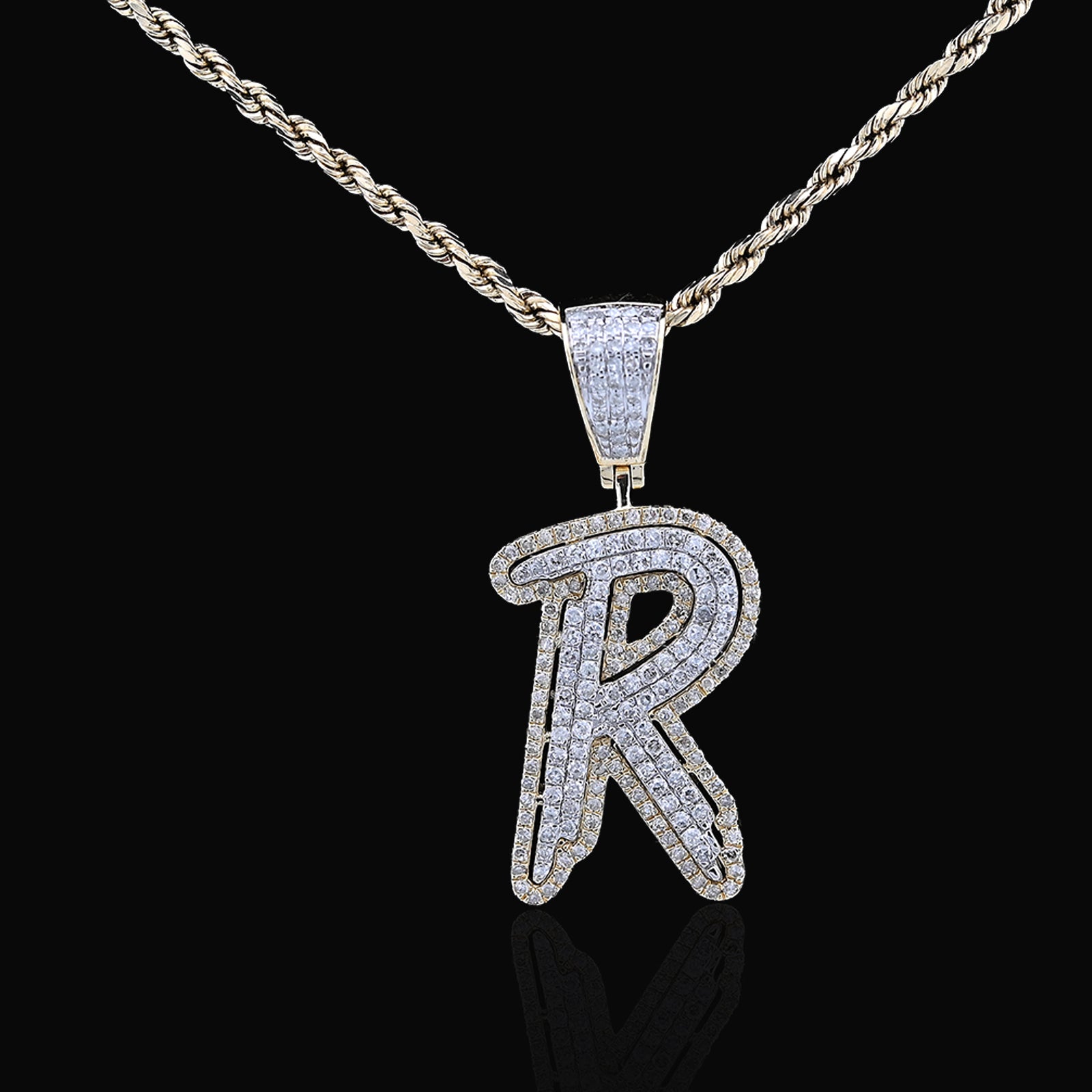 10K Yellow and White Gold 1CT Natural Diamond "R" Initial Alphabet Pendant