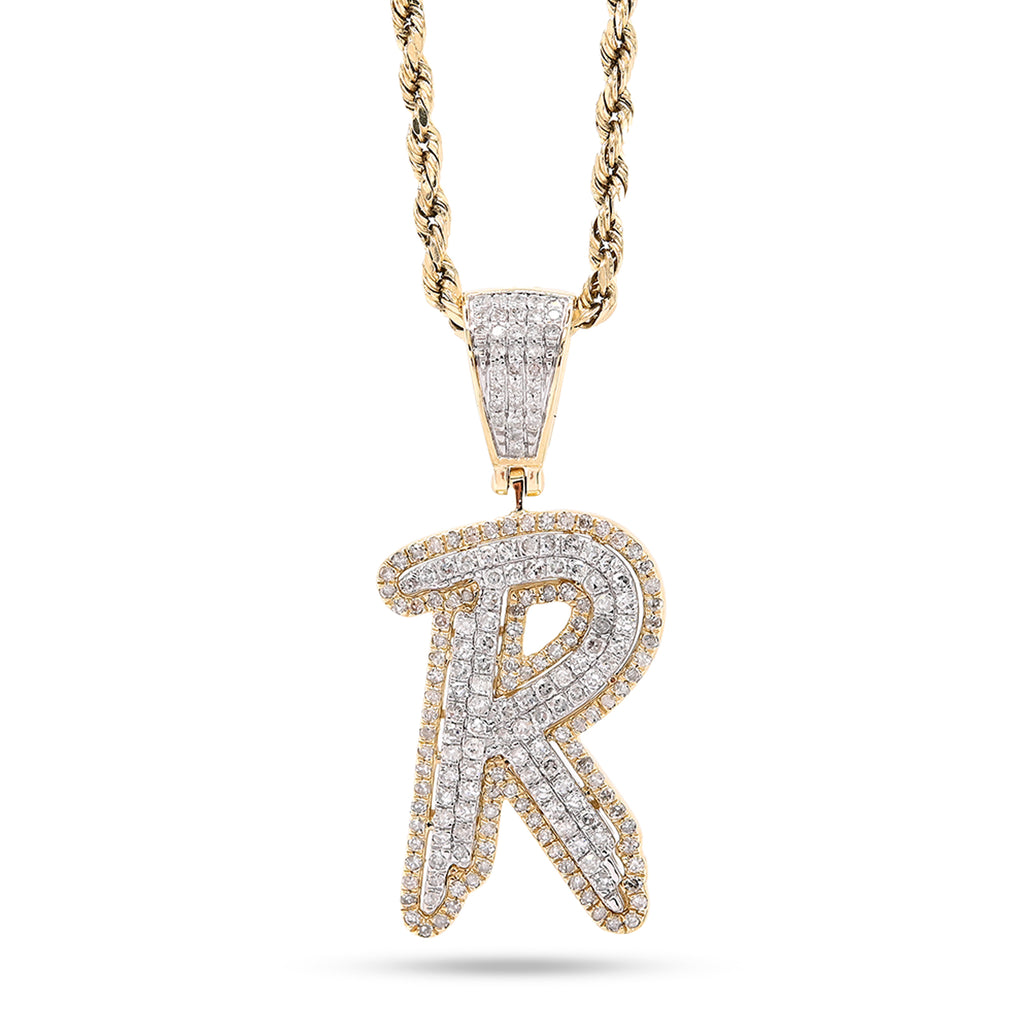10K Yellow and White Gold 1CT Natural Diamond "R" Initial Alphabet Pendant