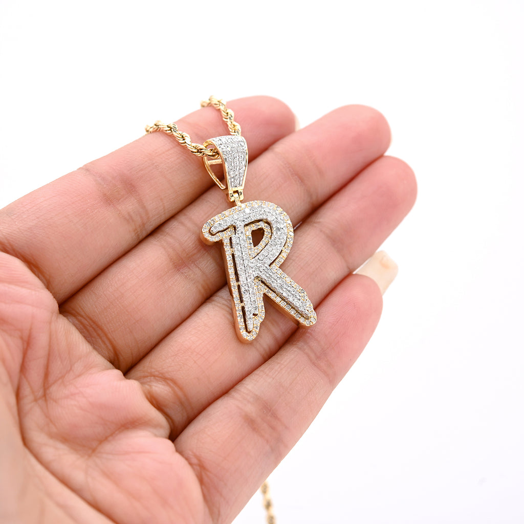 10K Yellow and White Gold 1CT Natural Diamond "R" Initial Alphabet Pendant