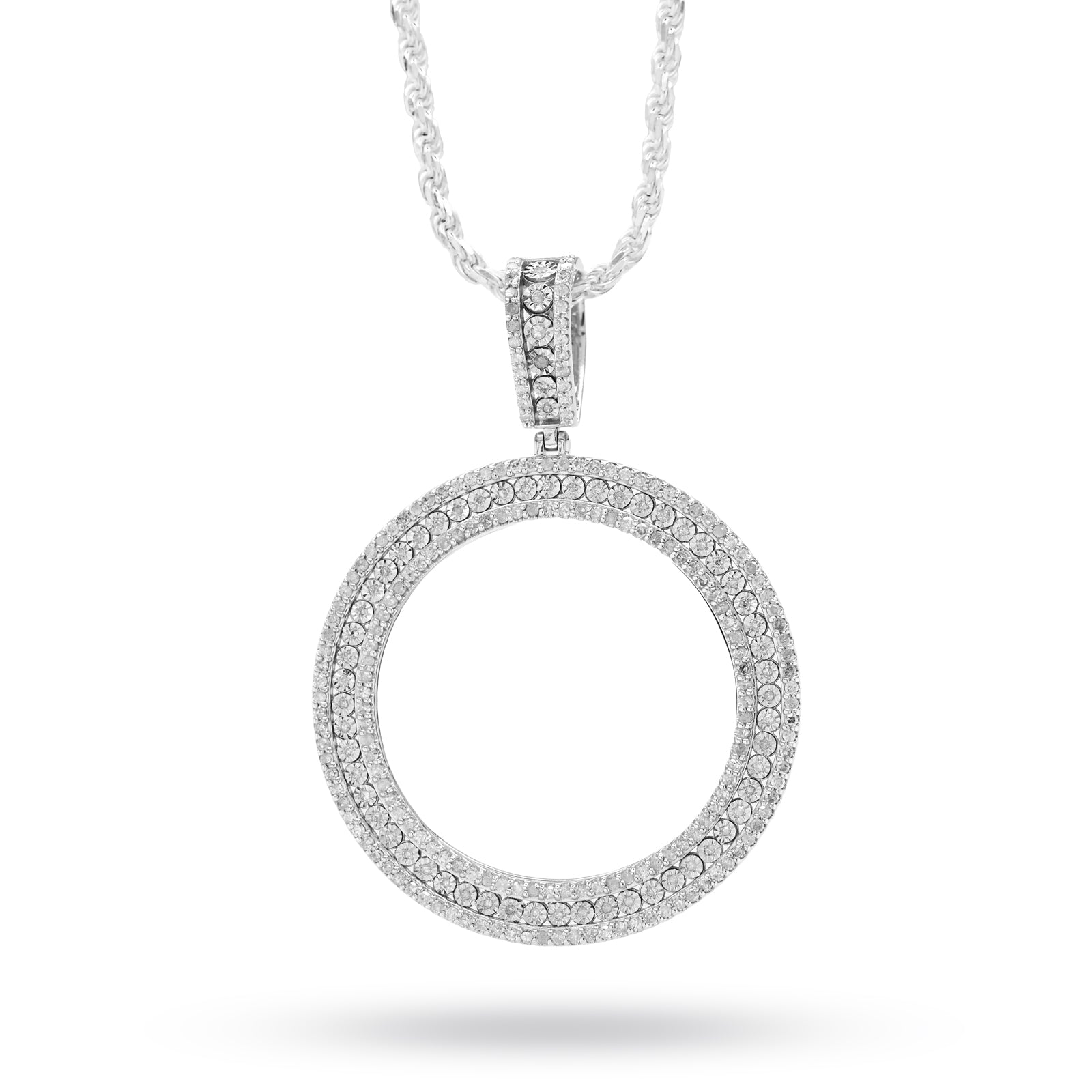 925 1.90CT Natural Diamond Round Picture Charm Memory Pendant Men Women 2.5"