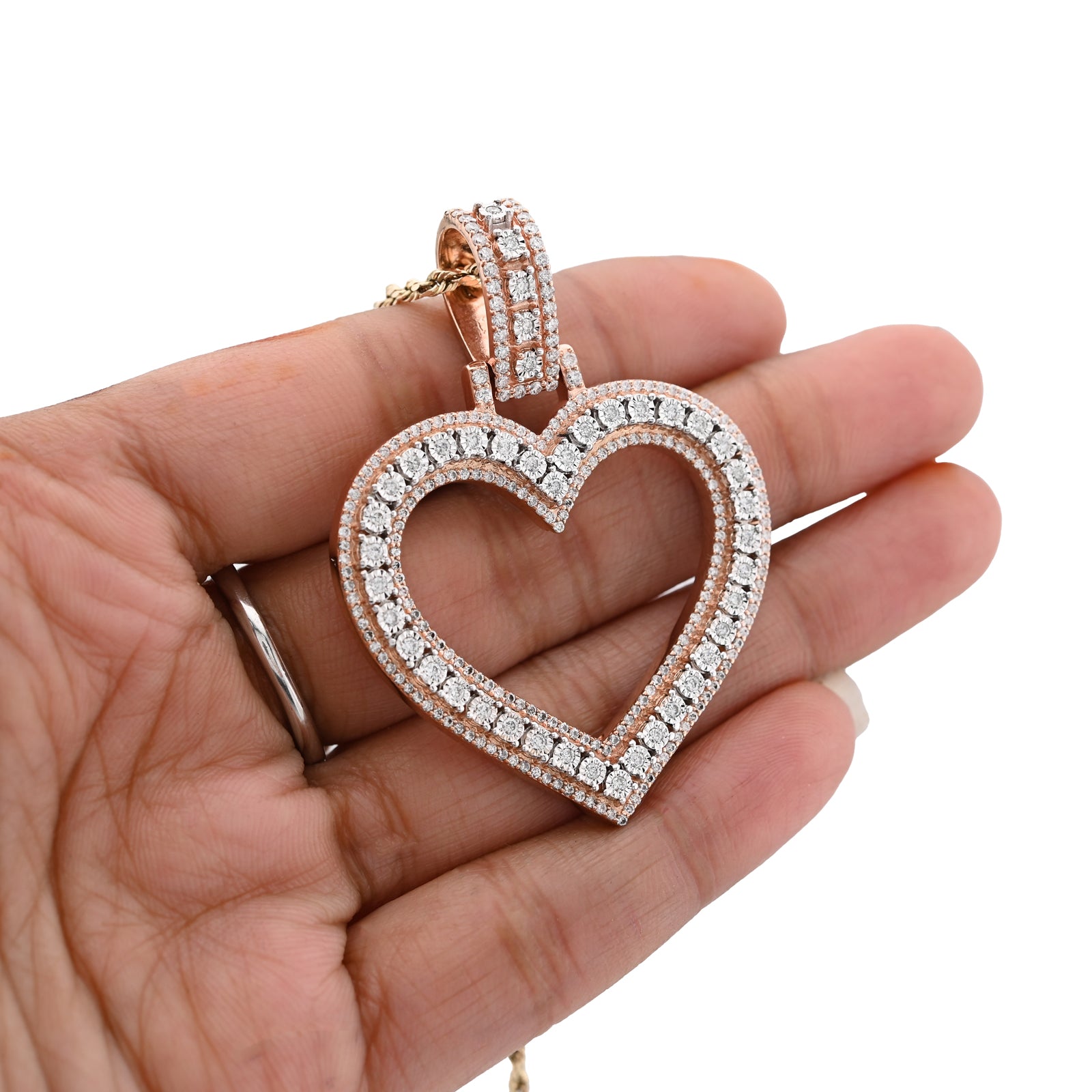 10K Rose Gold 1.5 CT Natural Diamond Heart Shape Pendant Illusion 54.7 MM Women Charm 19.8 g