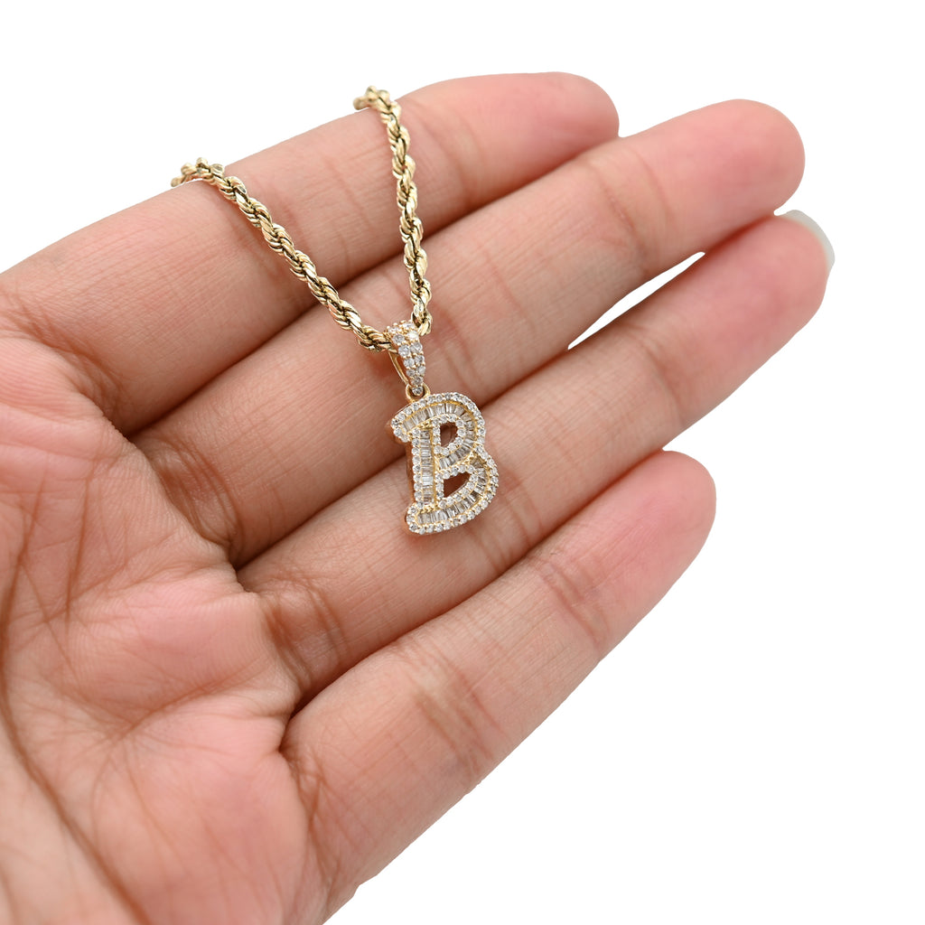 10K Yellow Gold 3/8 CTW Natural Diamond "B" Initial Pendant Round/Baguette Diamond Charm