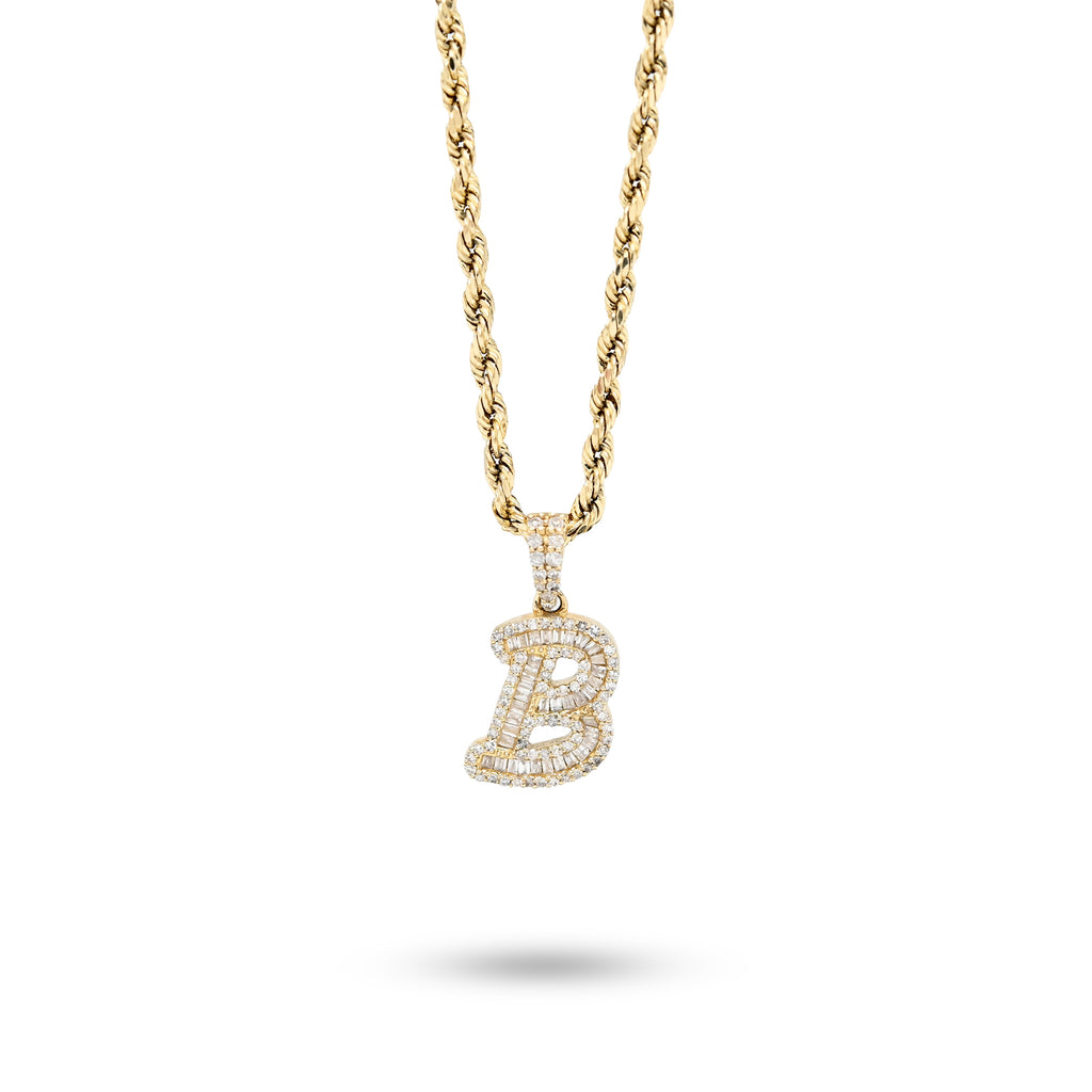10K Yellow Gold 3/8 CTW Natural Diamond "B" Initial Pendant Round/Baguette Diamond Charm
