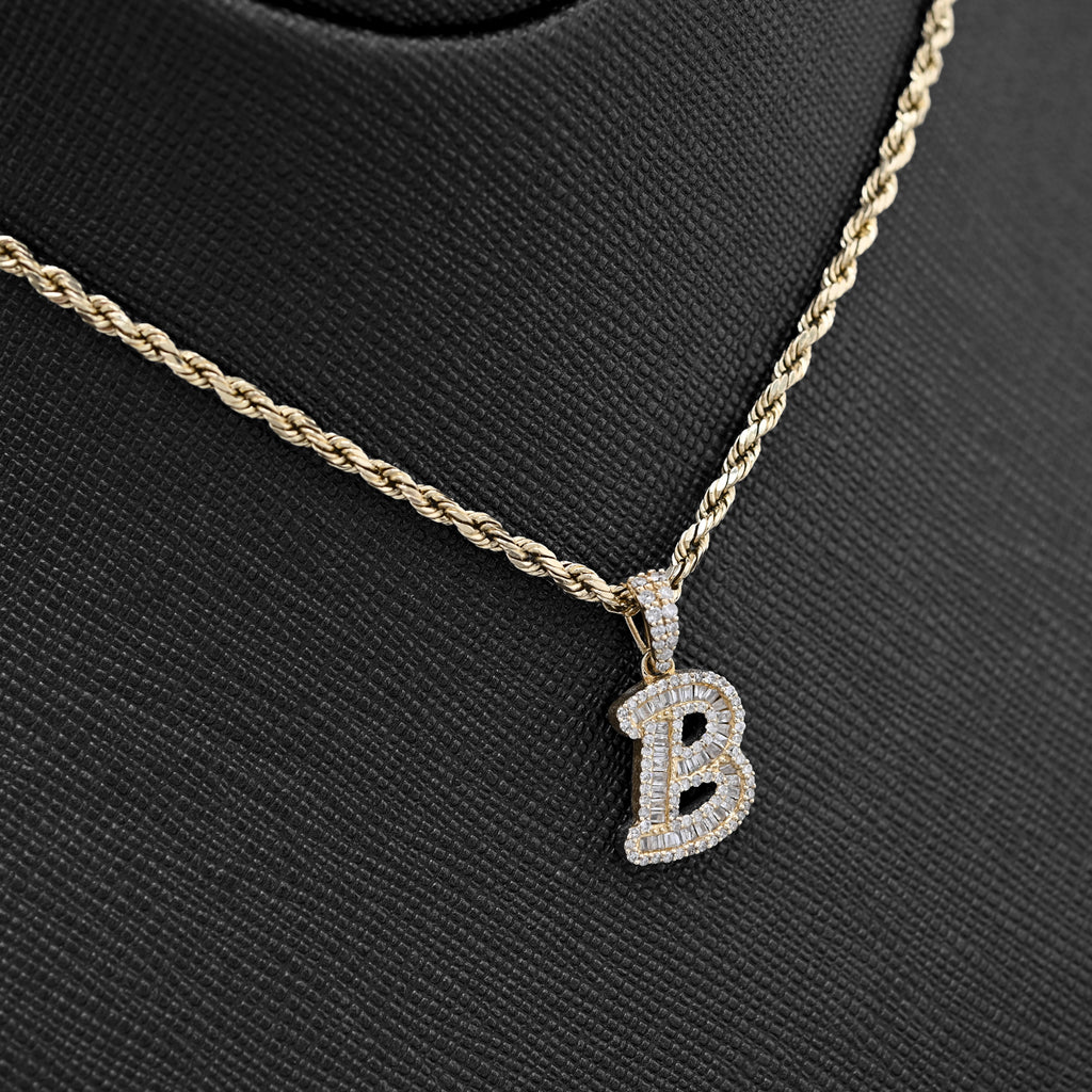 10K Yellow Gold 3/8 CTW Natural Diamond "B" Initial Pendant Round/Baguette Diamond Charm