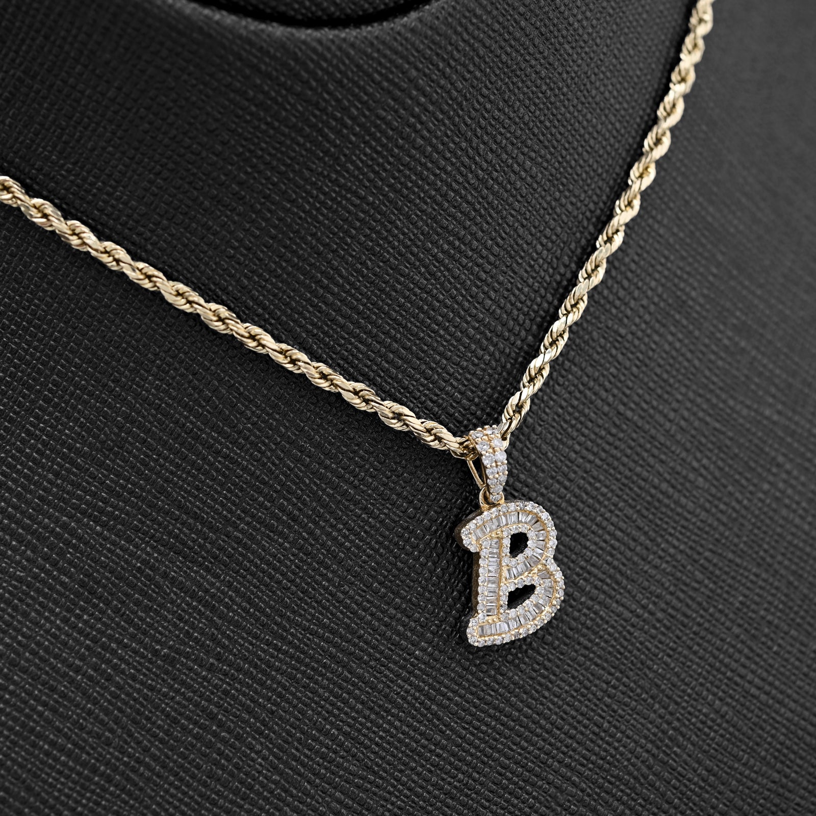 10K Yellow Gold 3/8 CTW Natural Diamond "B" Initial Pendant Round/Baguette Diamond Charm