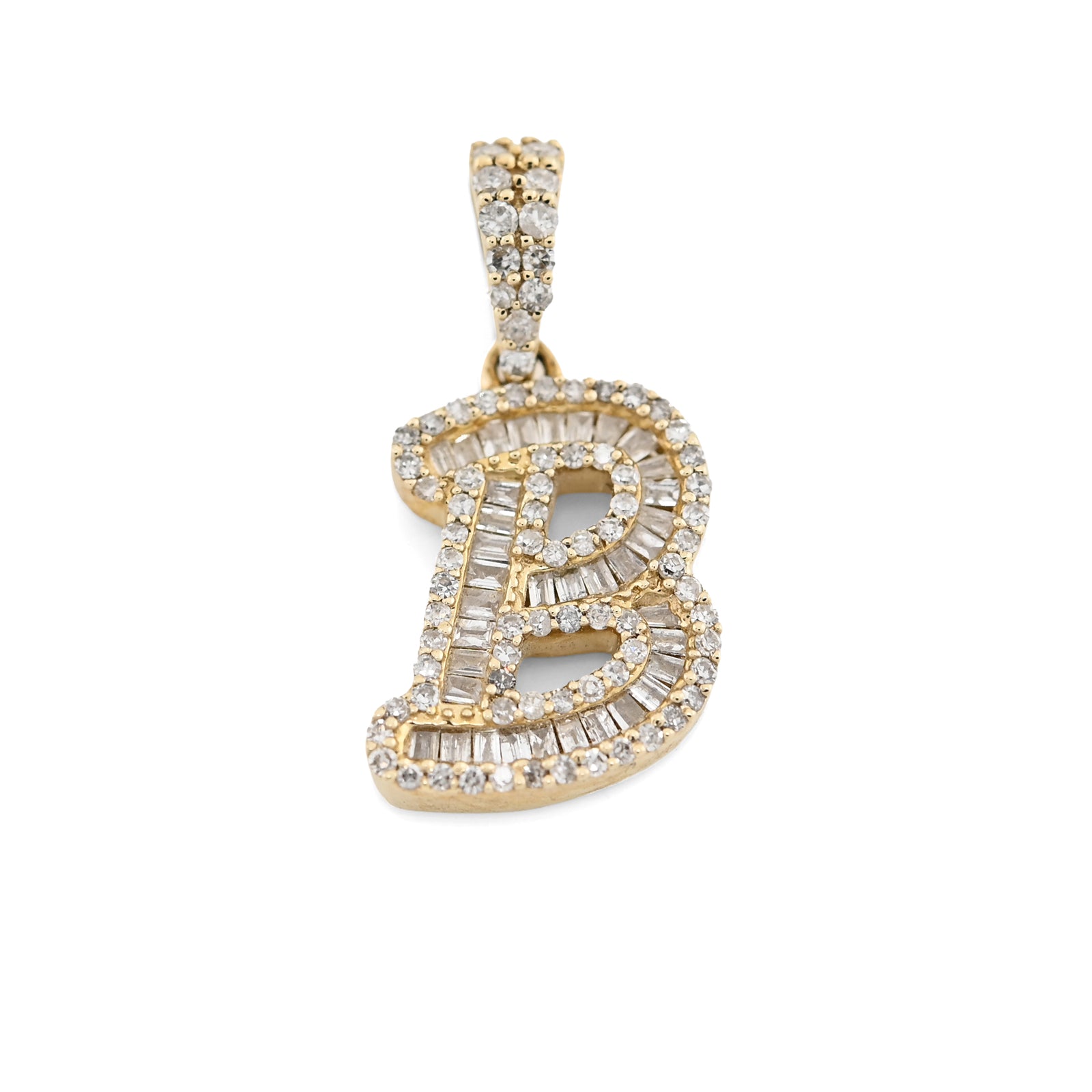 10K Yellow Gold 3/8 CTW Natural Diamond "B" Initial Pendant Round/Baguette Diamond Charm