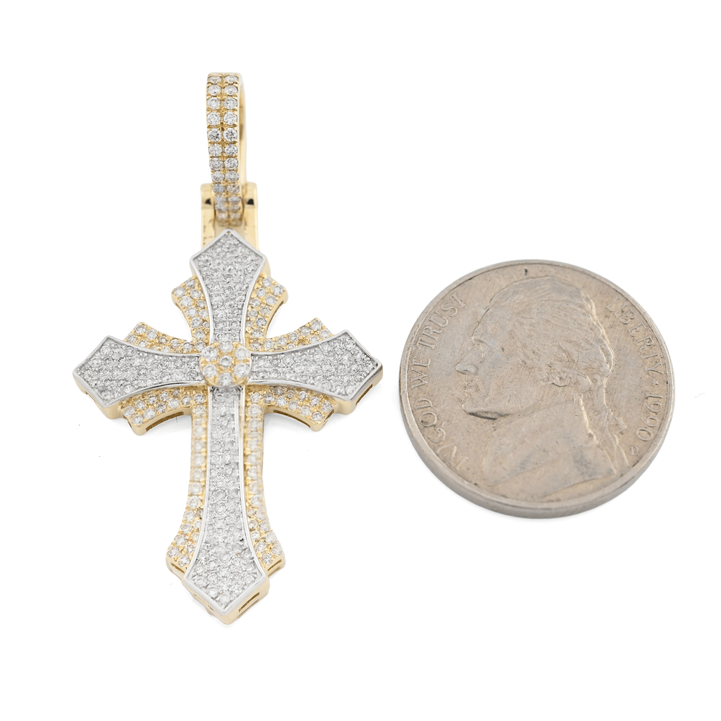10K Yellow & White Gold 2 Tone 0.90 CT Natural Diamond Religious Cross Pendant Men's Charm