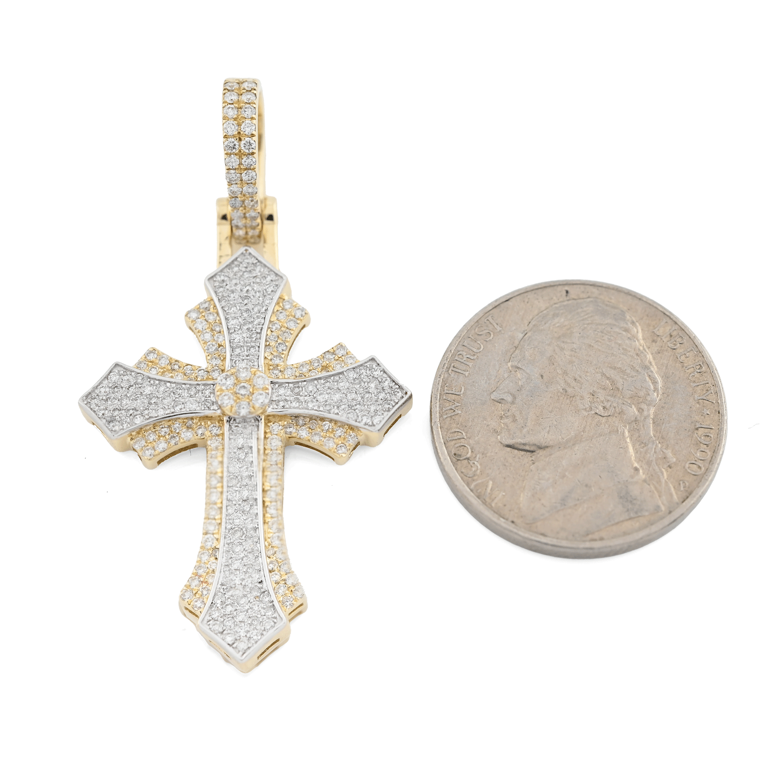 10K Yellow & White Gold 2 Tone 0.90 CT Natural Diamond Religious Cross Pendant Men's Charm