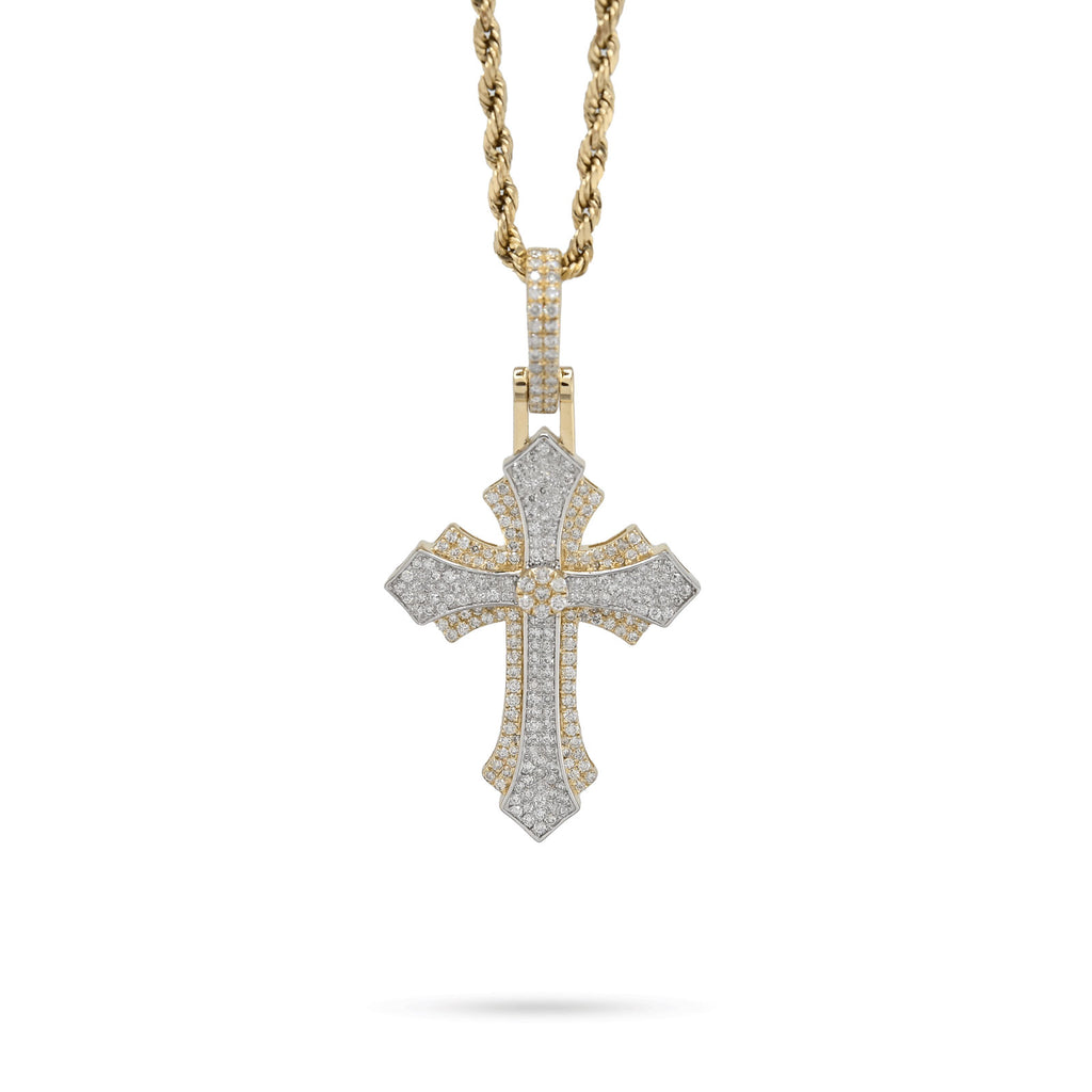 10K Yellow & White Gold 2 Tone 0.90 CT Natural Diamond Religious Cross Pendant Men's Charm