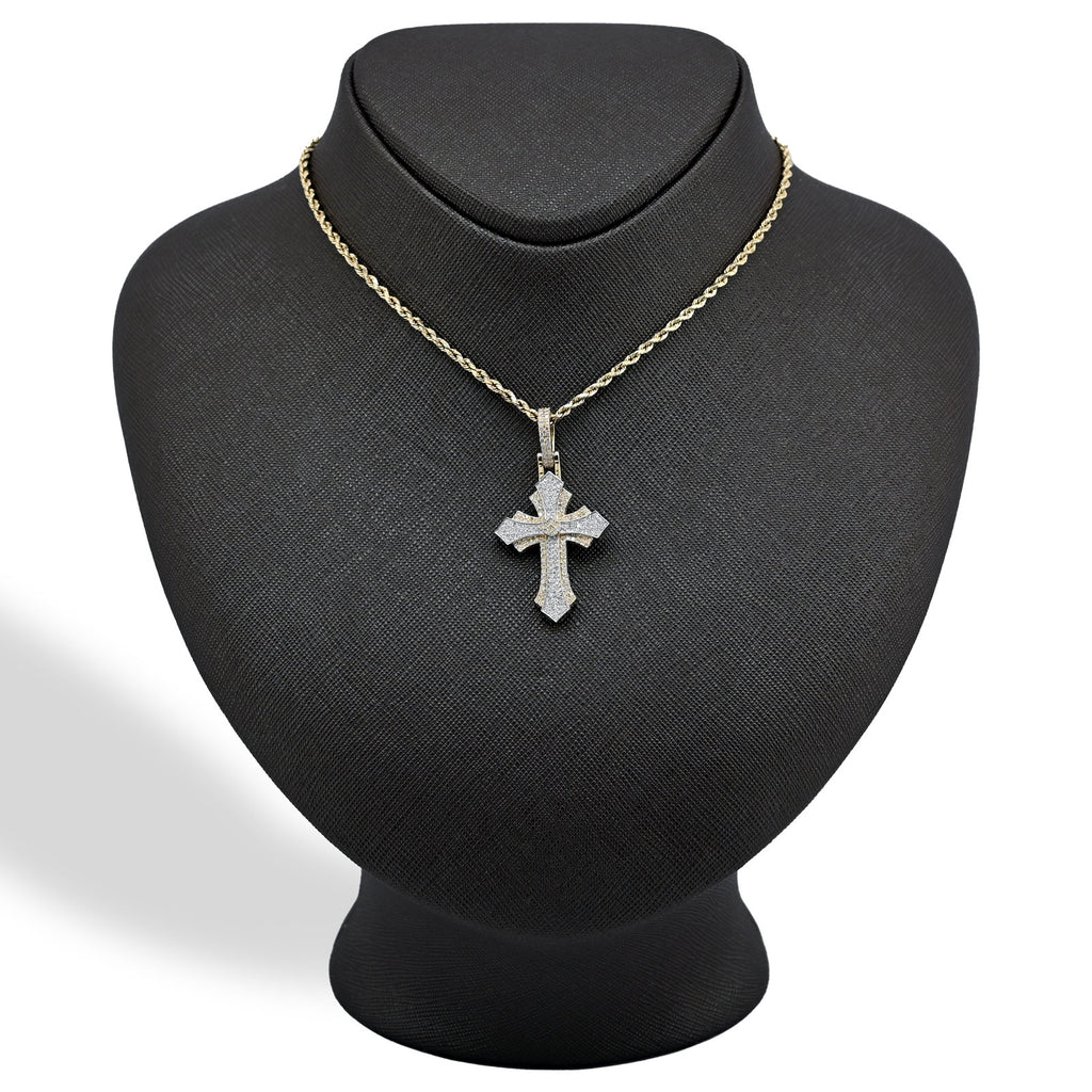 10K Yellow & White Gold 2 Tone 0.90 CT Natural Diamond Religious Cross Pendant Men's Charm